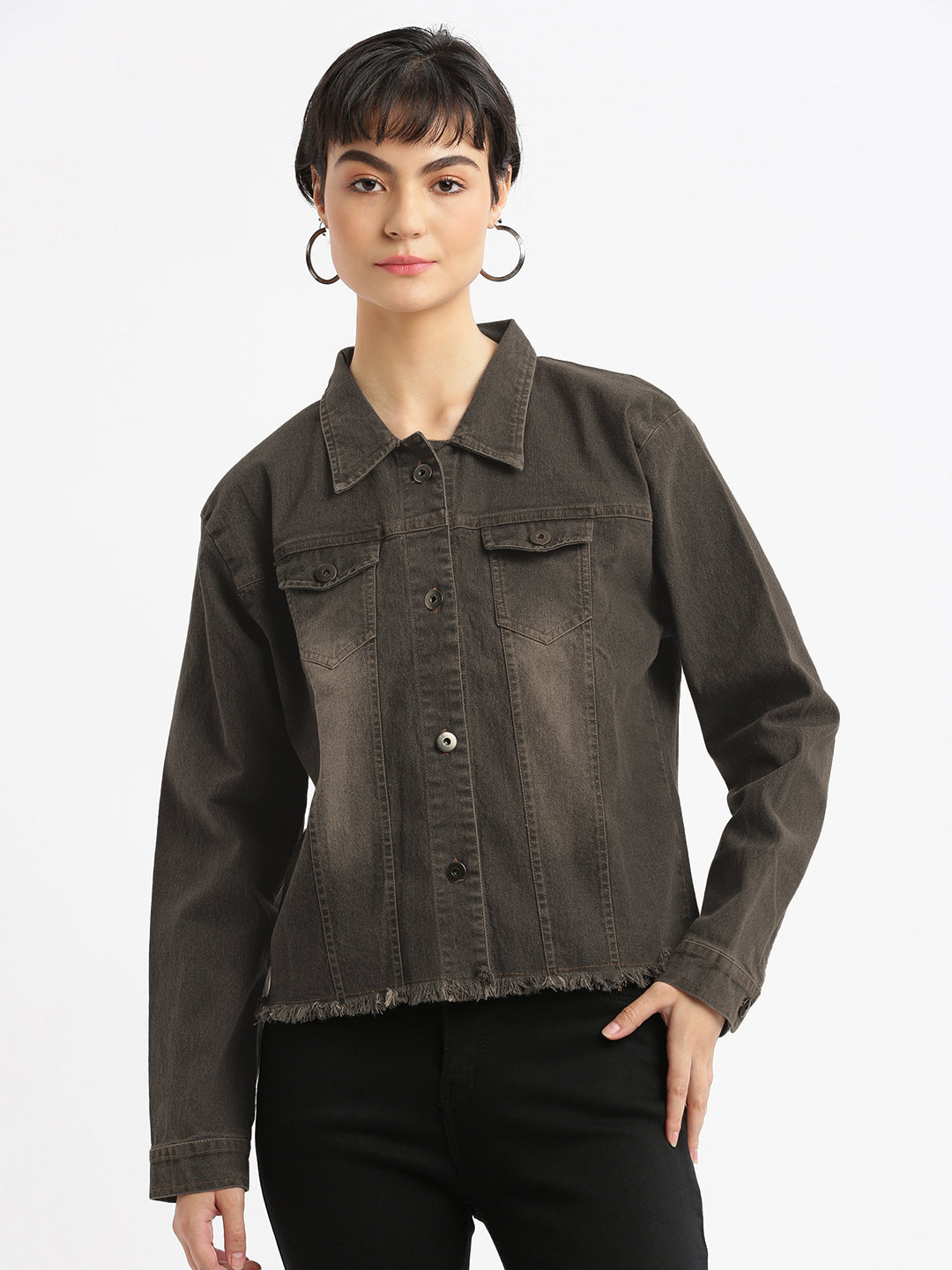 Women Spread Collar Brown Solid Denim Jacket