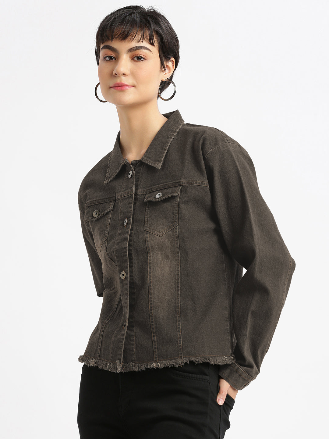 Women Spread Collar Brown Solid Denim Jacket