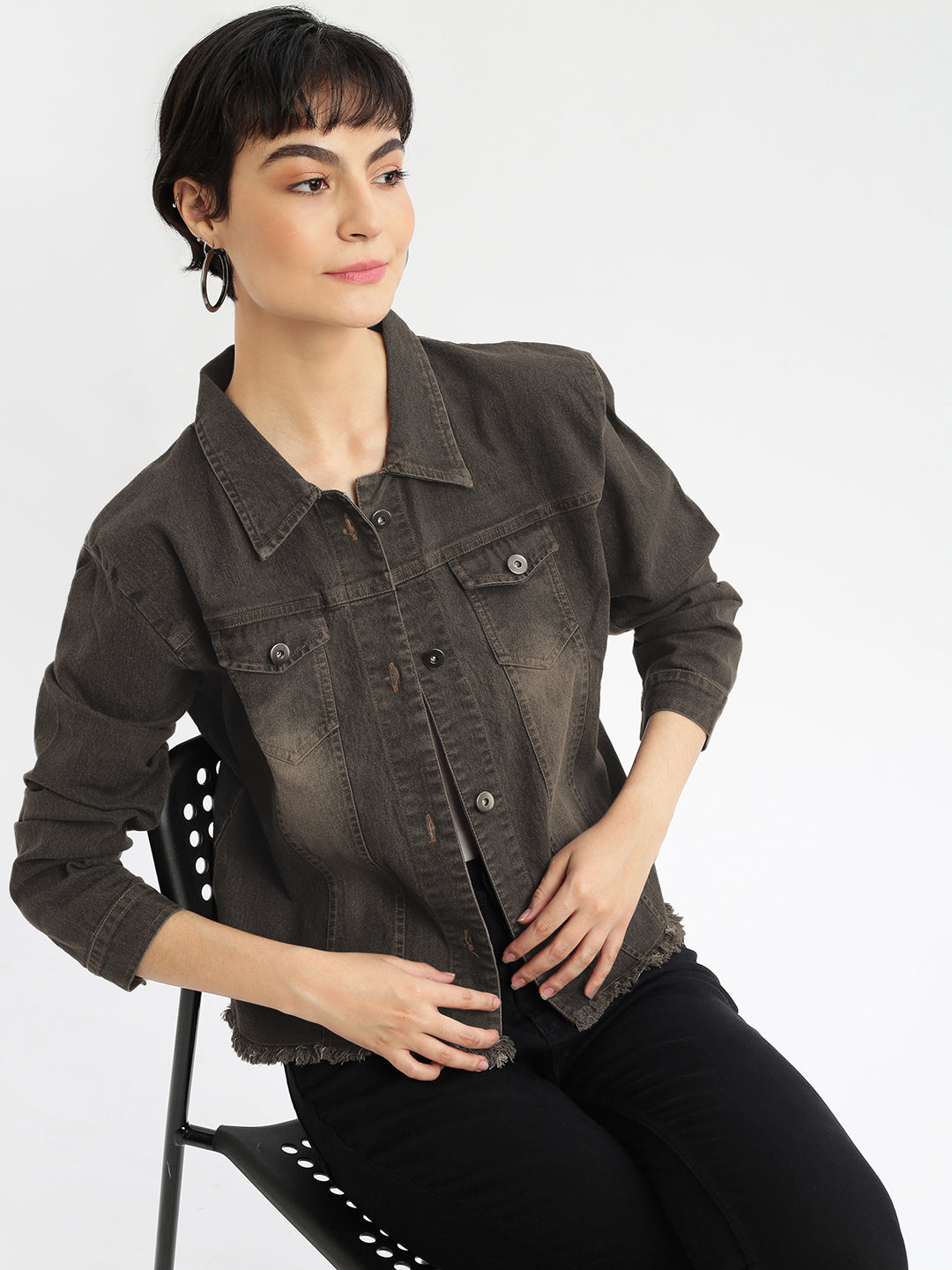 Women Spread Collar Brown Solid Denim Jacket