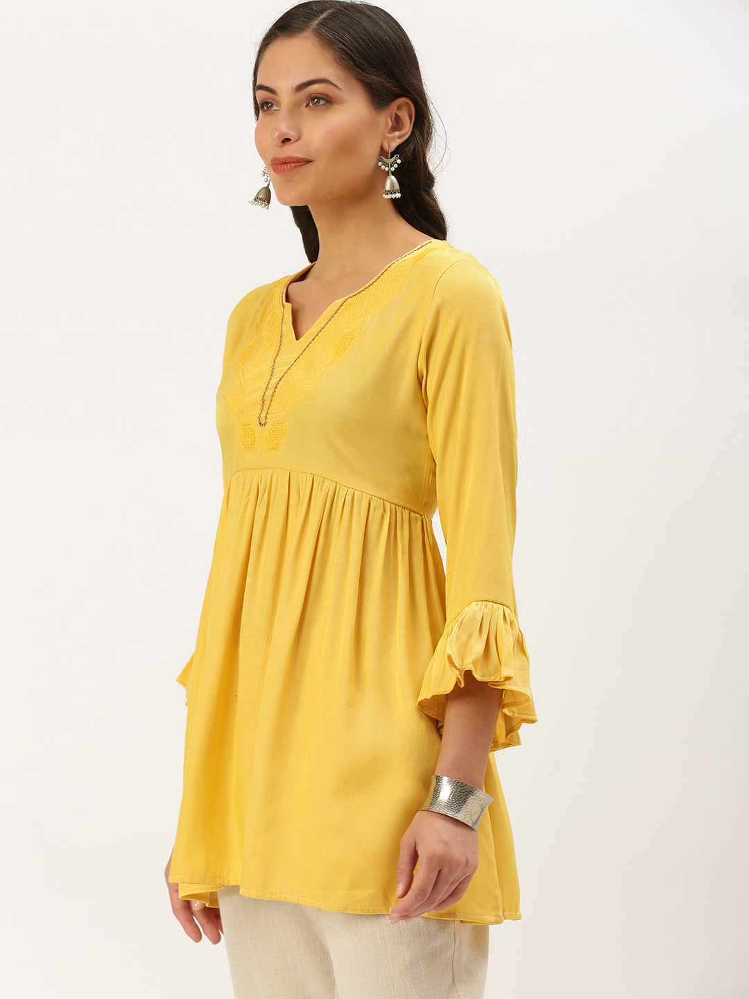 Women Stylised Neck Yellow A-Line Kurti