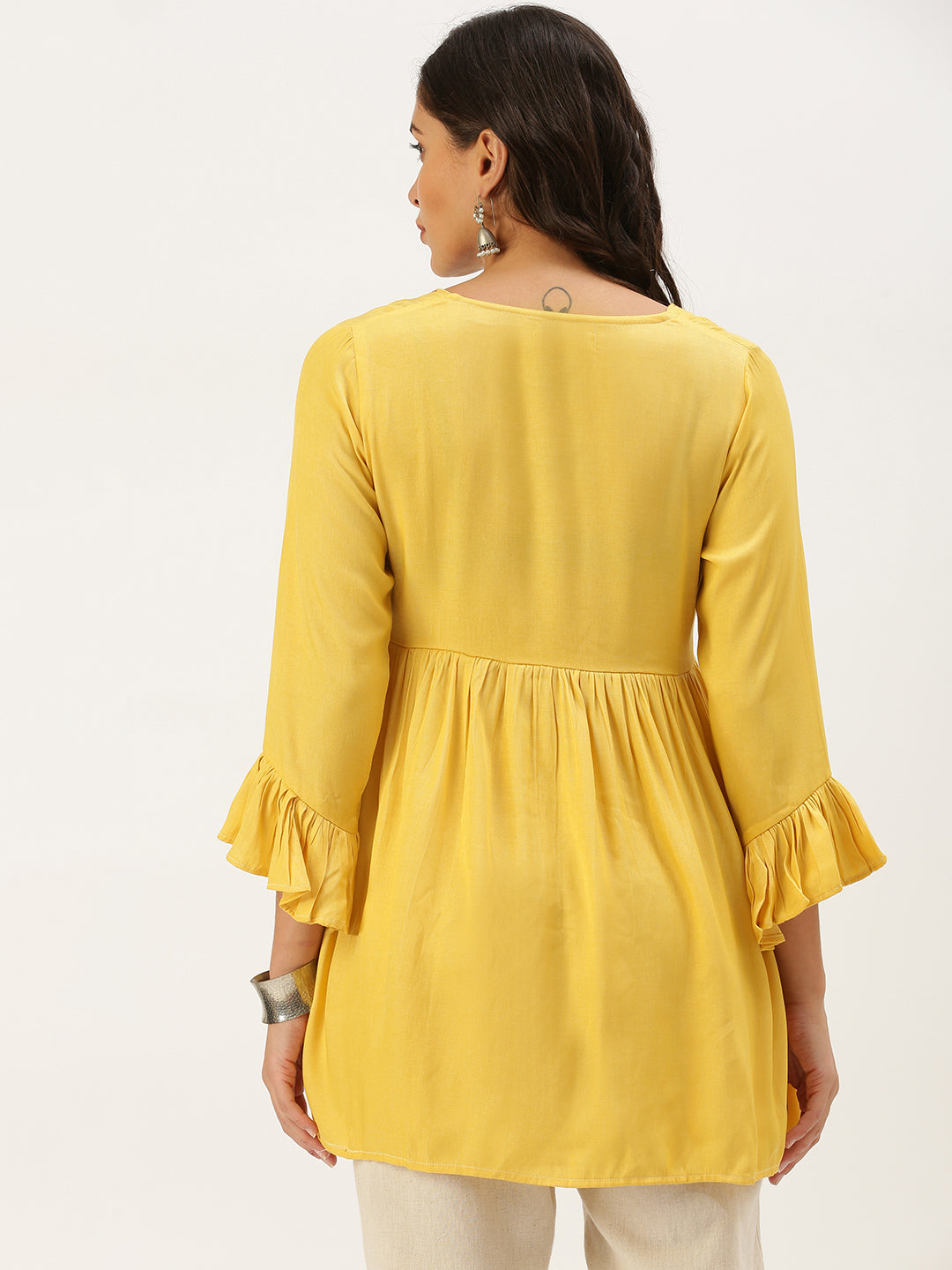 Women Stylised Neck Yellow A-Line Kurti