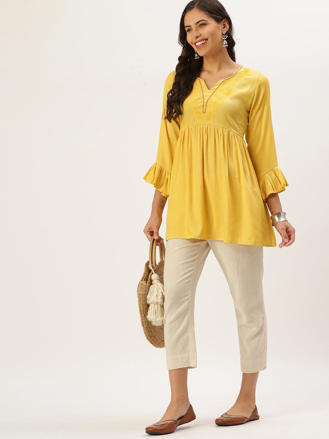 Women Stylised Neck Yellow A-Line Kurti