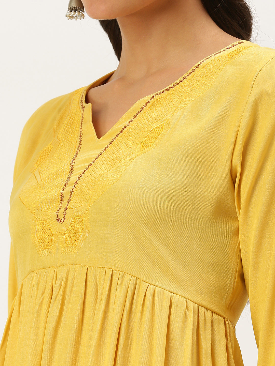 Women Stylised Neck Yellow A-Line Kurti