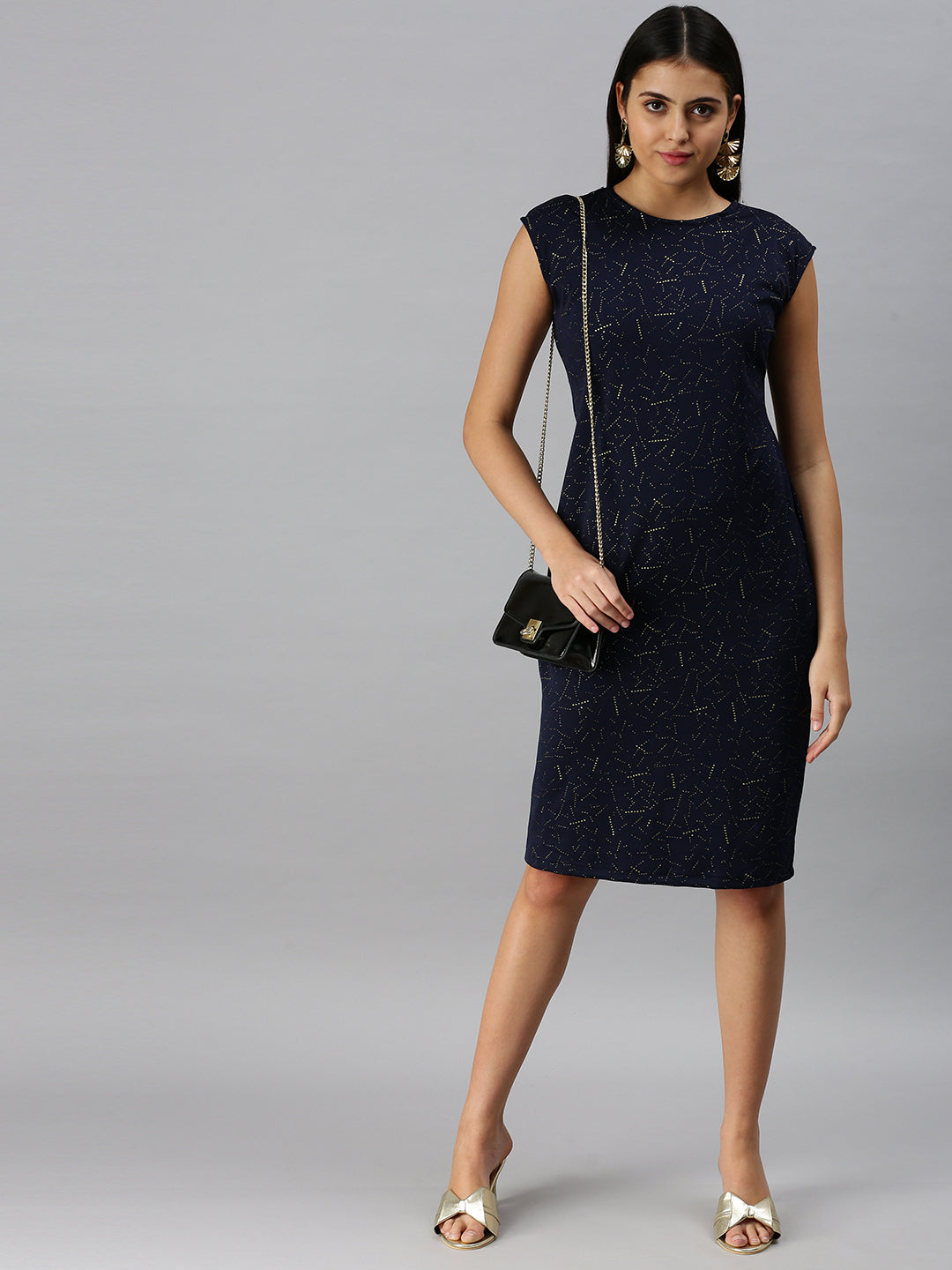 Women Solid Sheath Navy Blue Dress