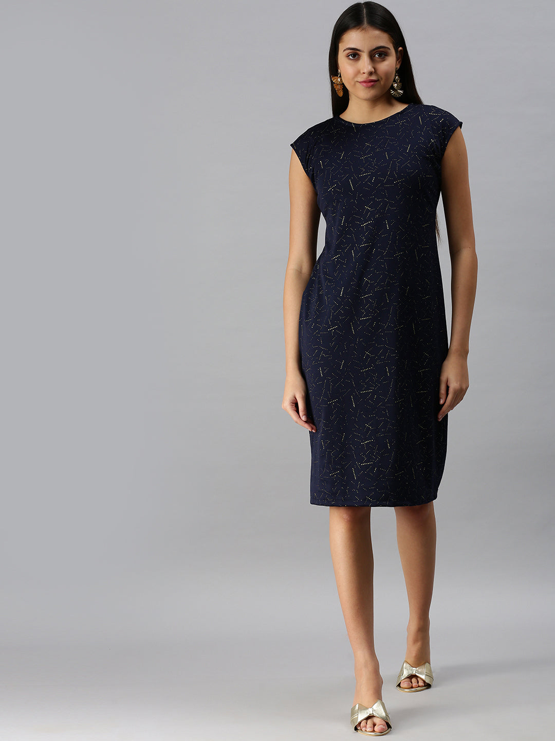 Women Solid Sheath Navy Blue Dress