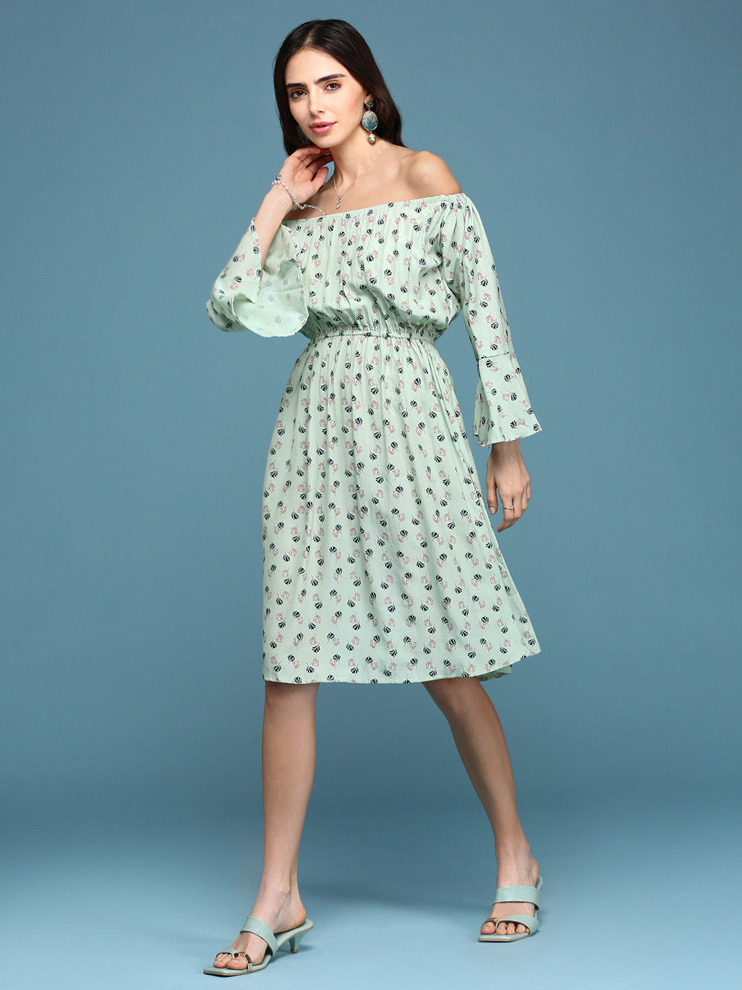 Women's A-Line Green Printed Dress