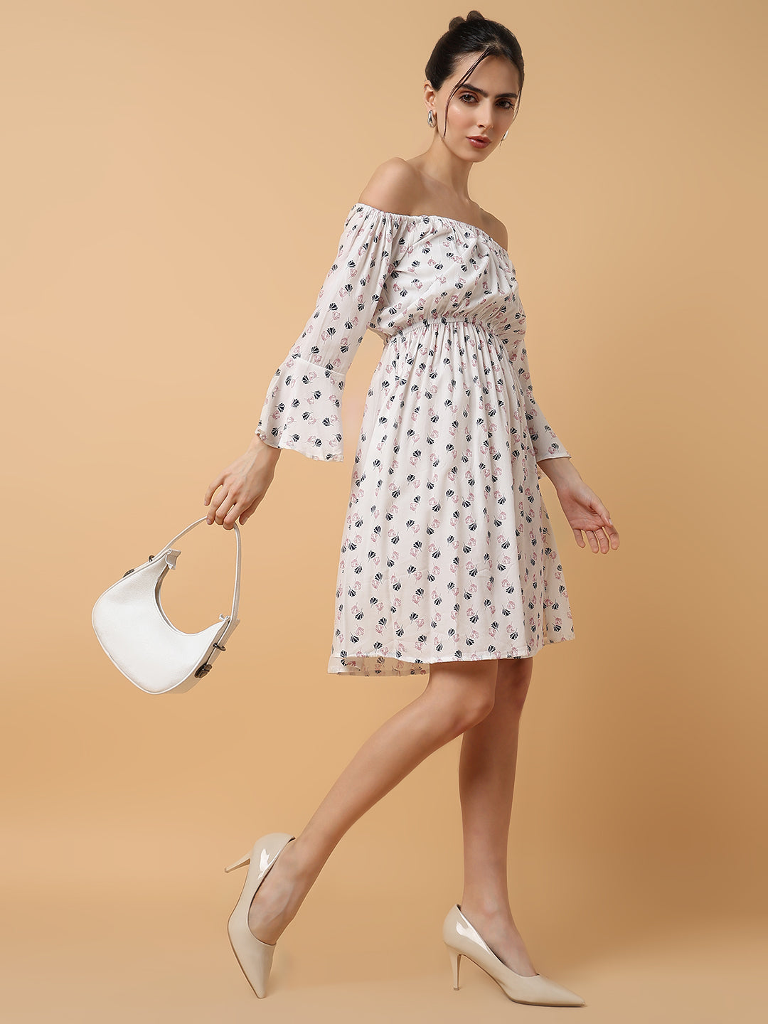 Women's A-Line White Printed Dress