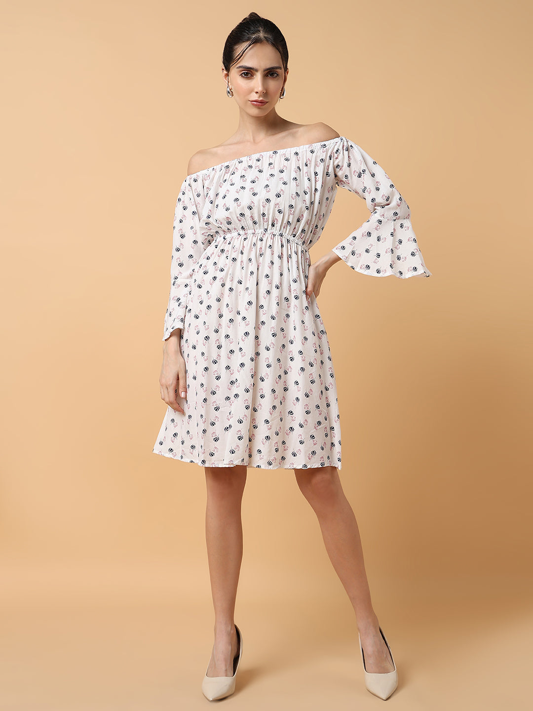 Women's A-Line White Printed Dress