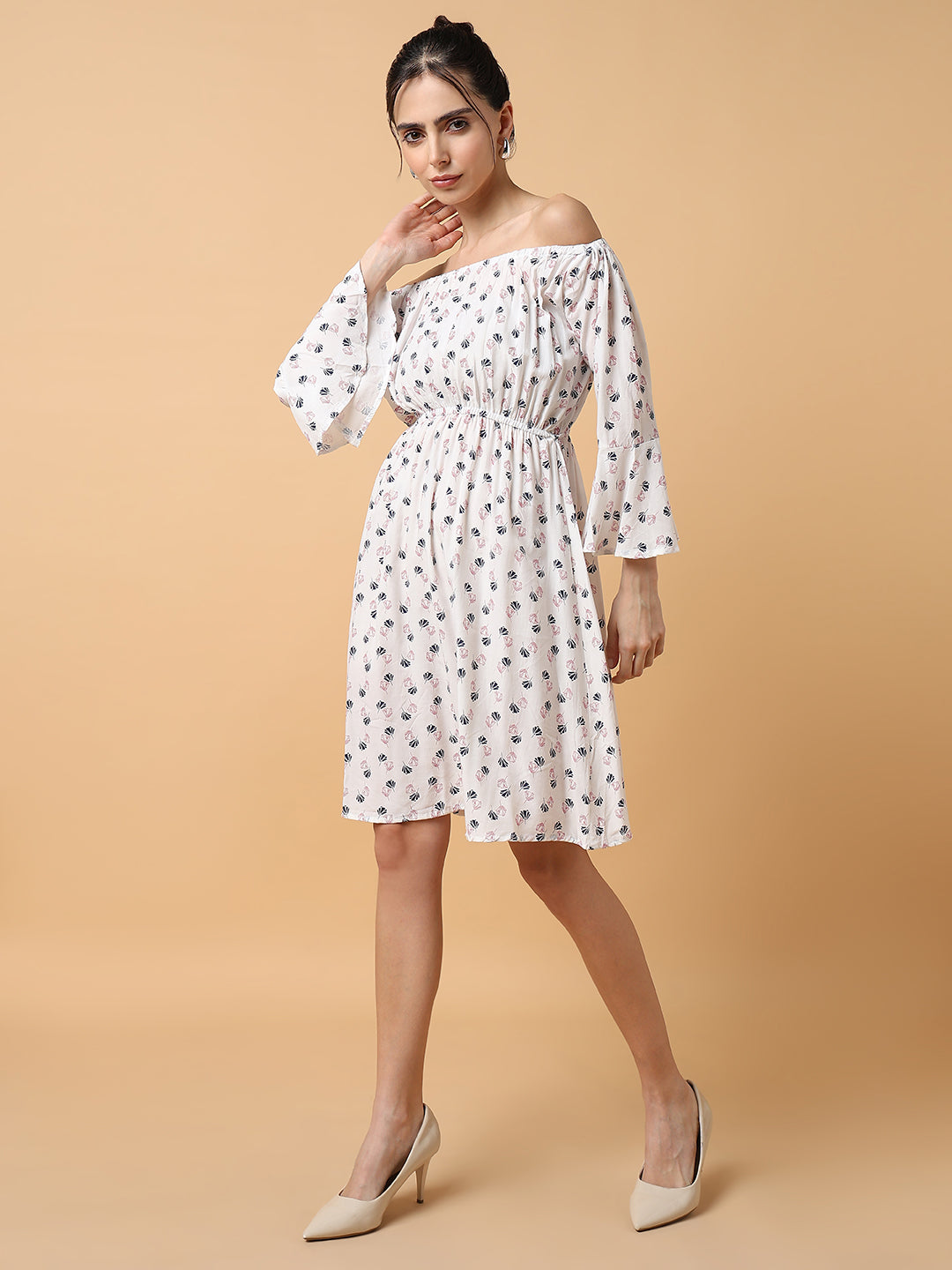 Women's A-Line White Printed Dress