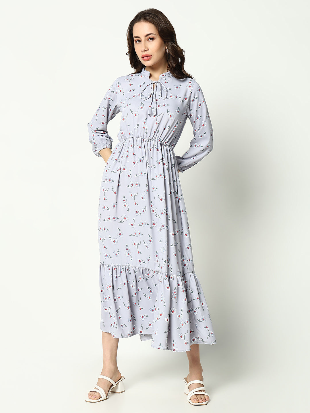 Women's Grey Floral A-Line Dress