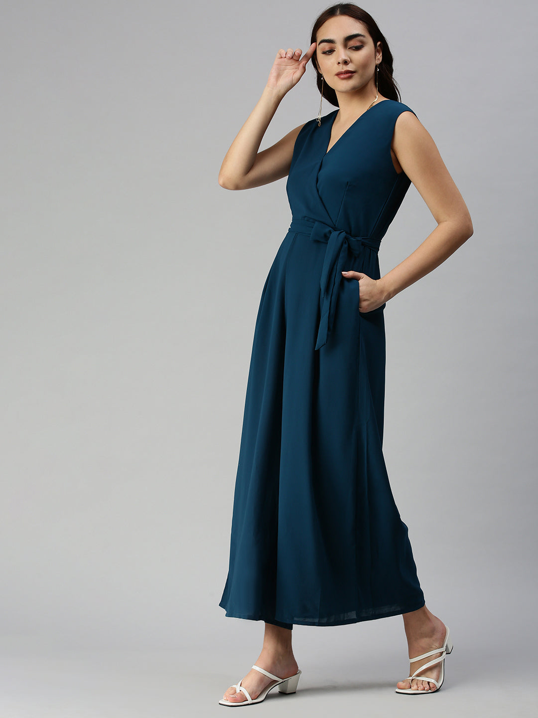 Women V-Neck Solid Teal Culotte Jumpsuit