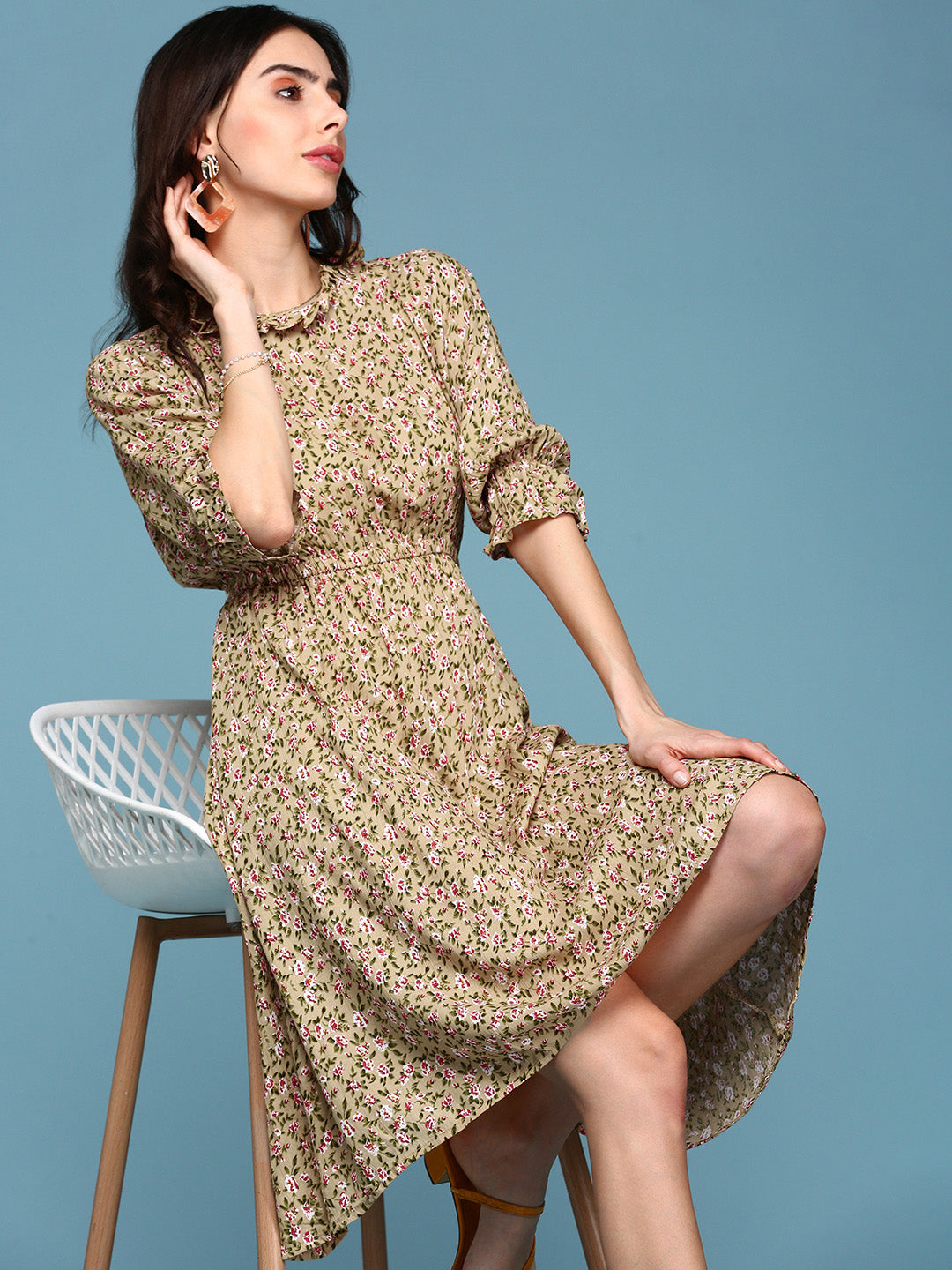 Women's Beige Floral A-Line Dress