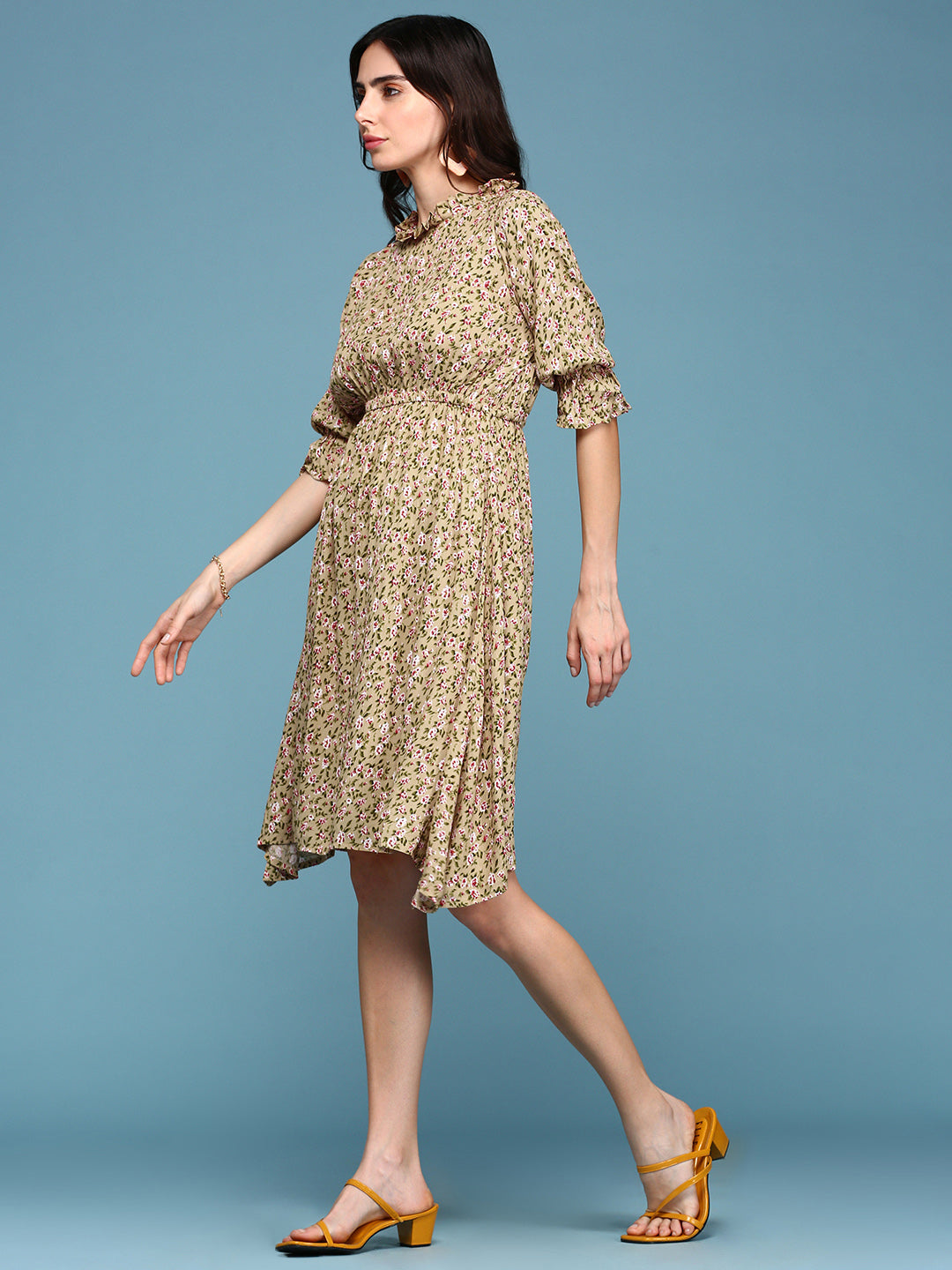 Women's Beige Floral A-Line Dress