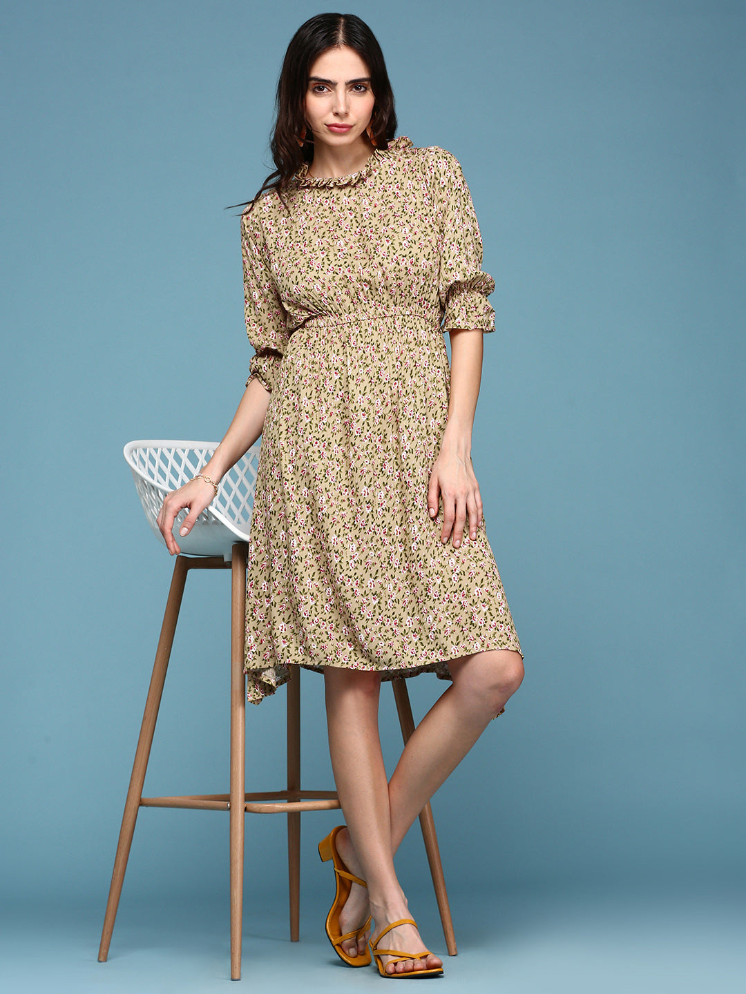 Women's Beige Floral A-Line Dress