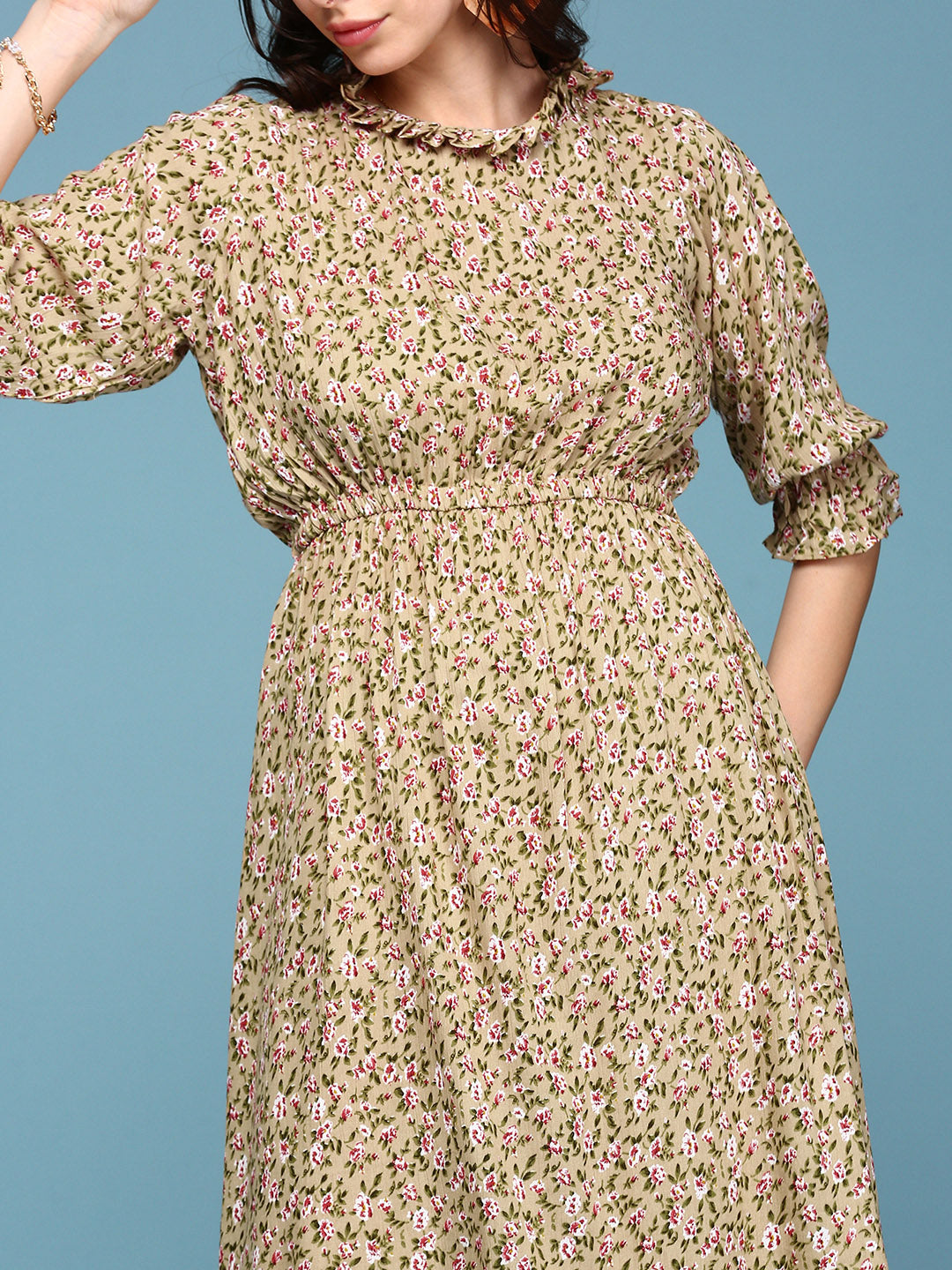 Women's Beige Floral A-Line Dress