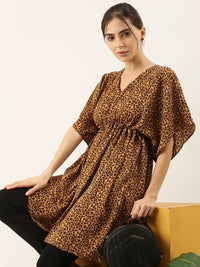 Women's Brown Animal Crepe A-Line Midi Top