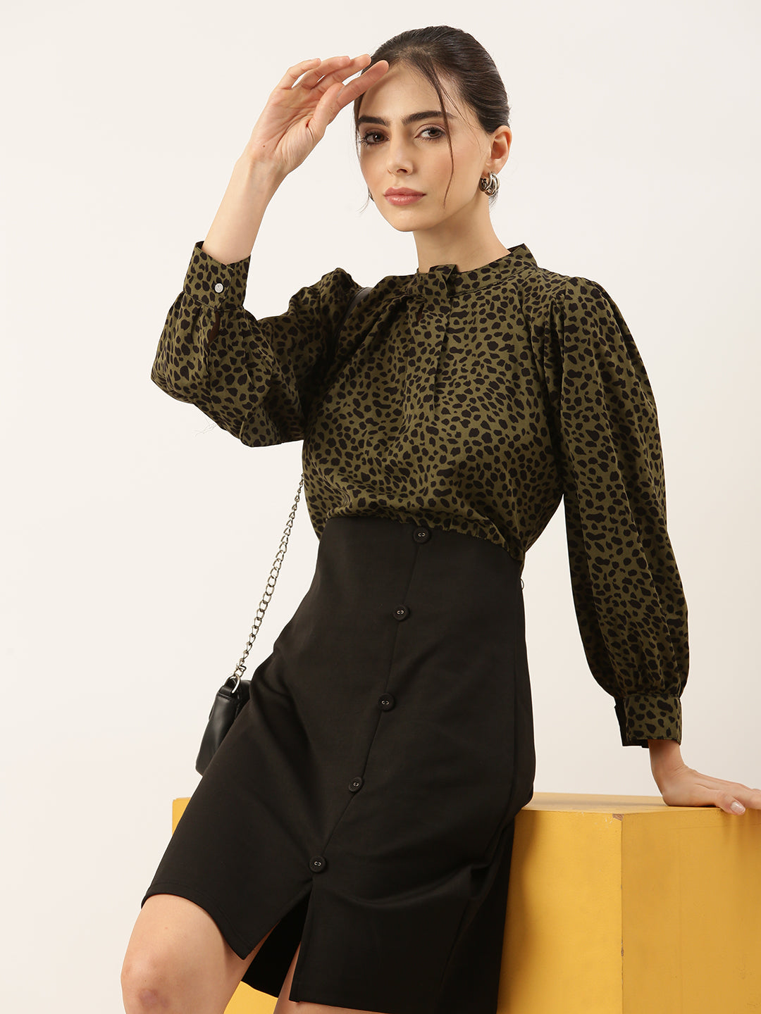 Women's Printed Olive Top and Black Button Skirt Dress with Front Slit