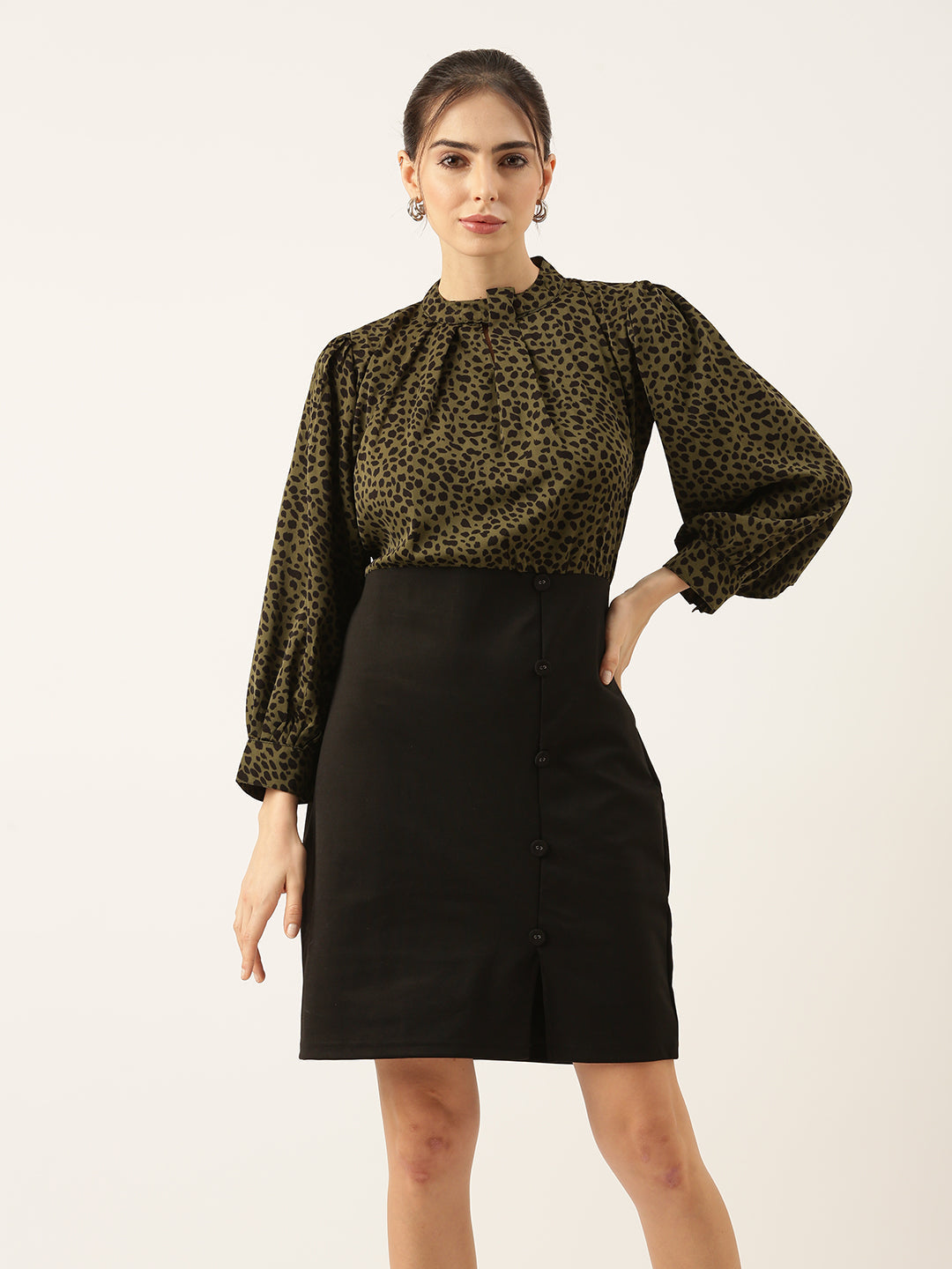 Women's Printed Olive Top and Black Button Skirt Dress with Front Slit