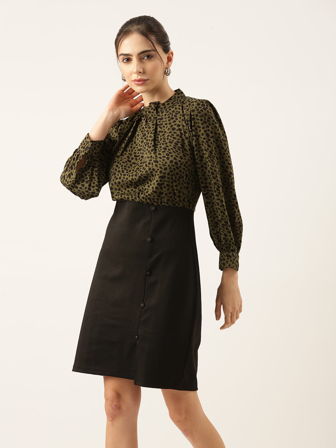 Women's Printed Olive Top and Black Button Skirt Dress with Front Slit