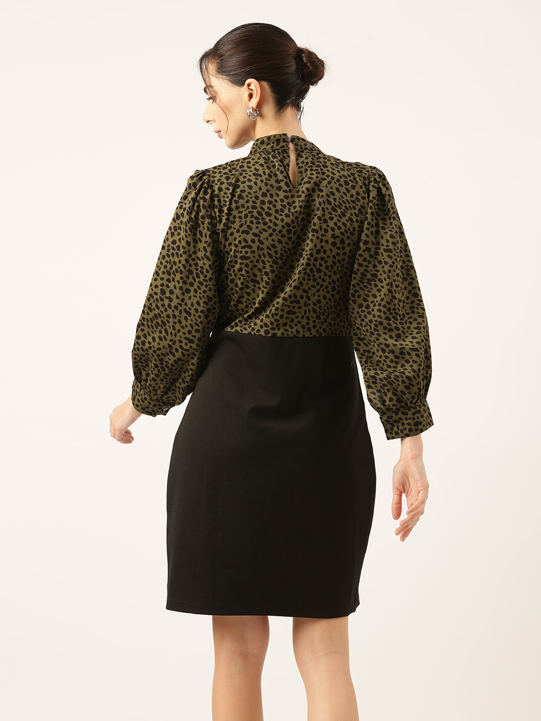 Women's Printed Olive Top and Black Button Skirt Dress with Front Slit
