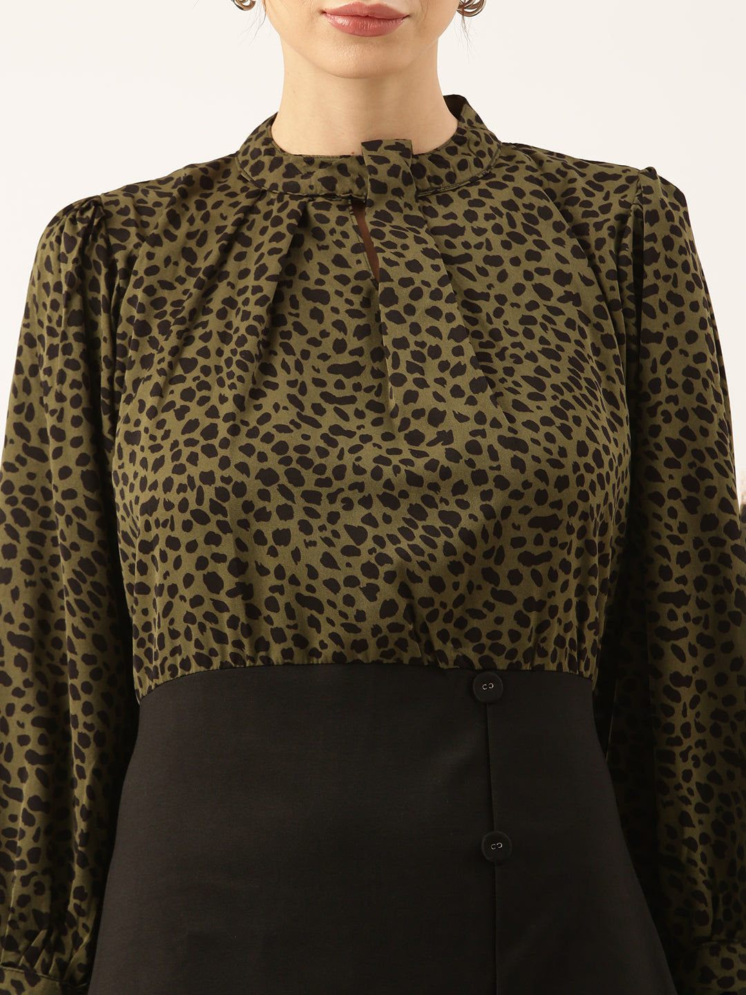 Women's Printed Olive Top and Black Button Skirt Dress with Front Slit