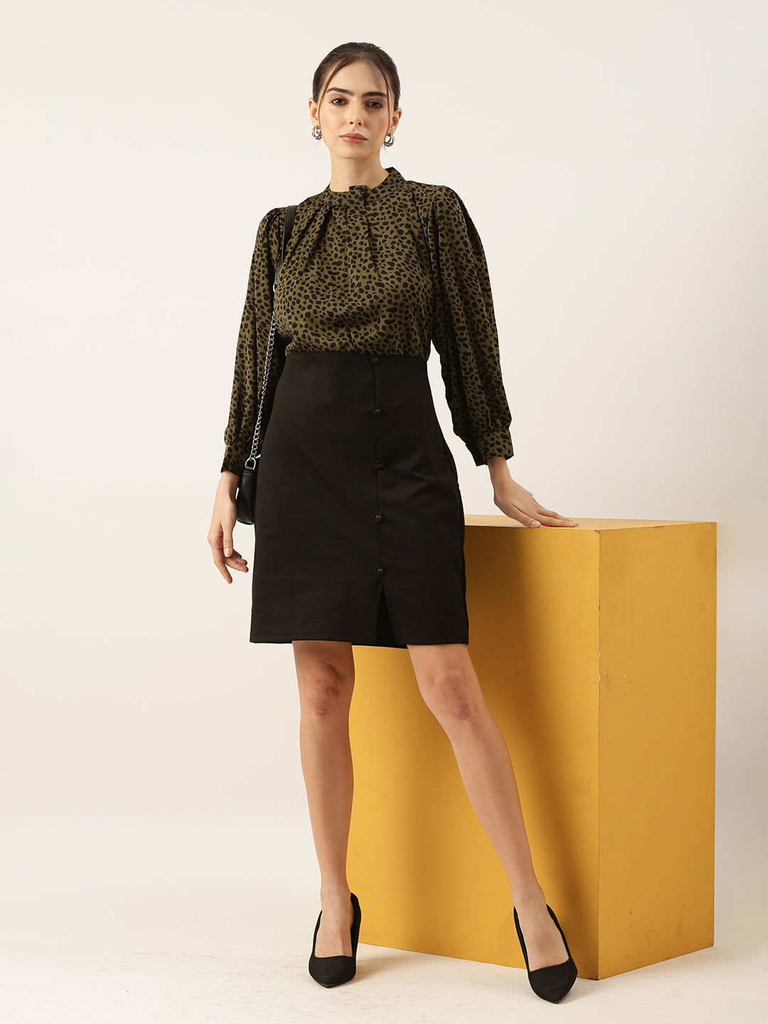 Women's Printed Olive Top and Black Button Skirt Dress with Front Slit
