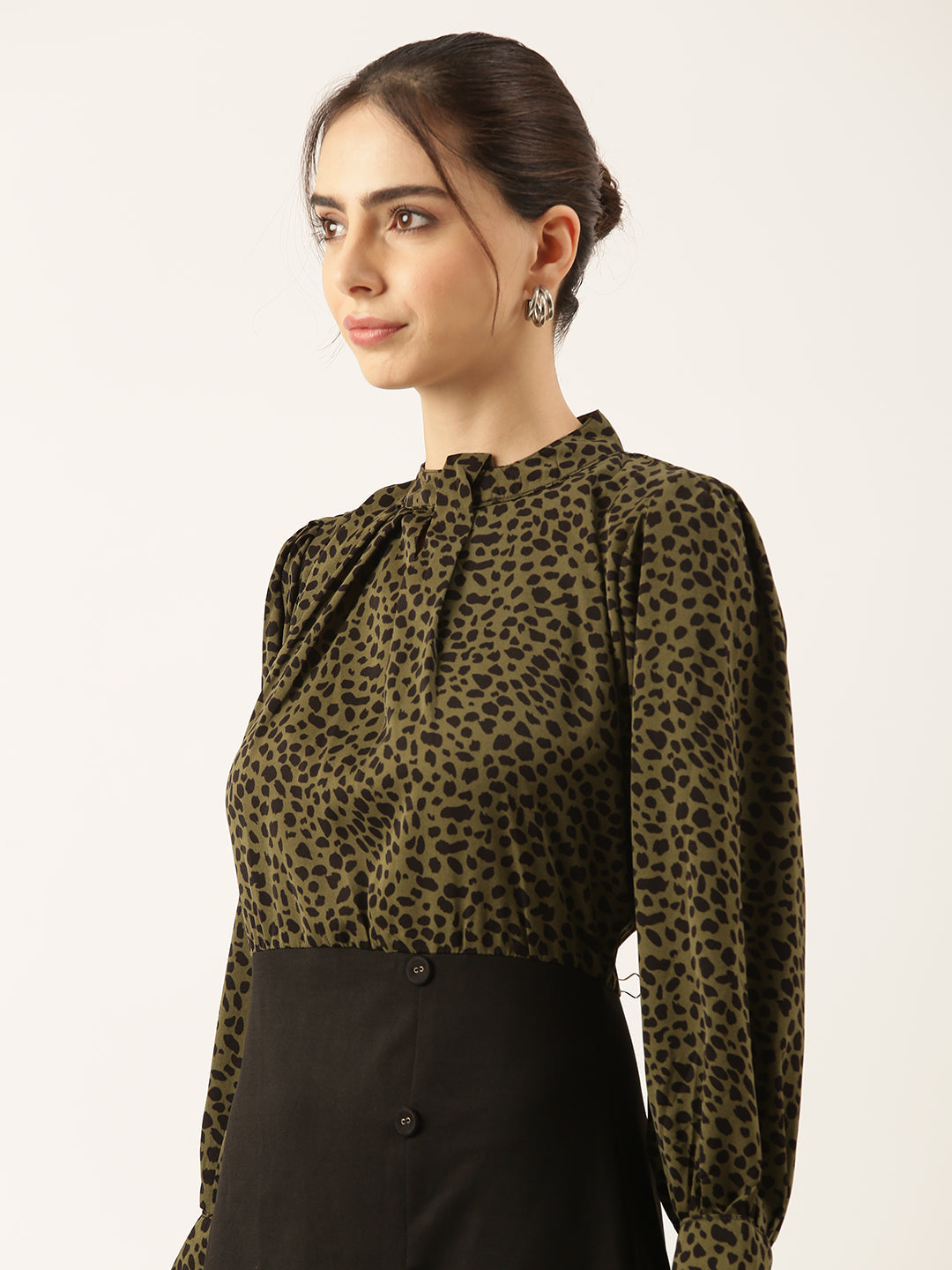 Women's Printed Olive Top and Black Button Skirt Dress with Front Slit