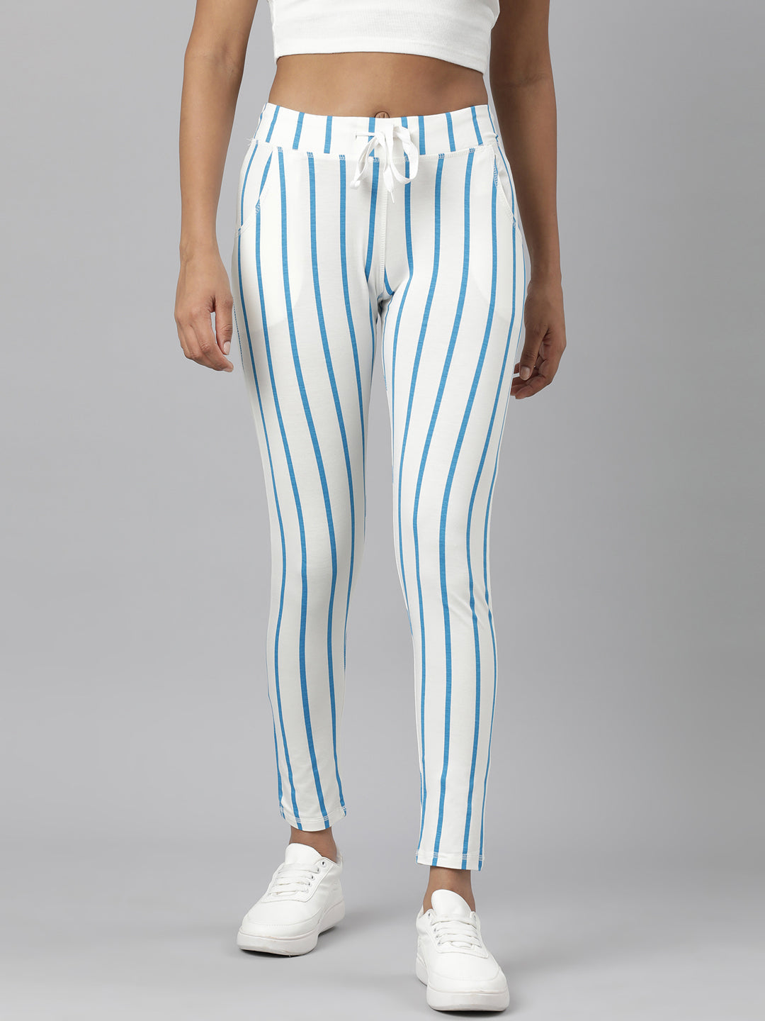 Women Blue Striped Trackapant