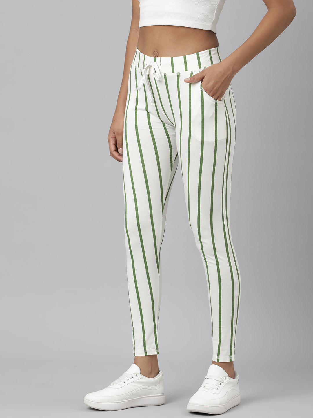 Women Green Striped Trackapant