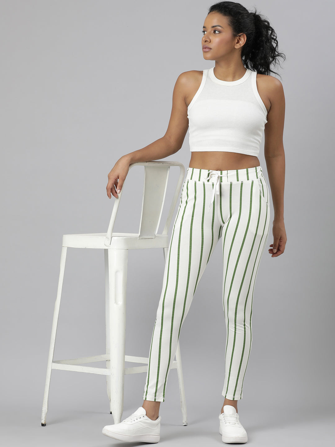 Women Green Striped Trackapant