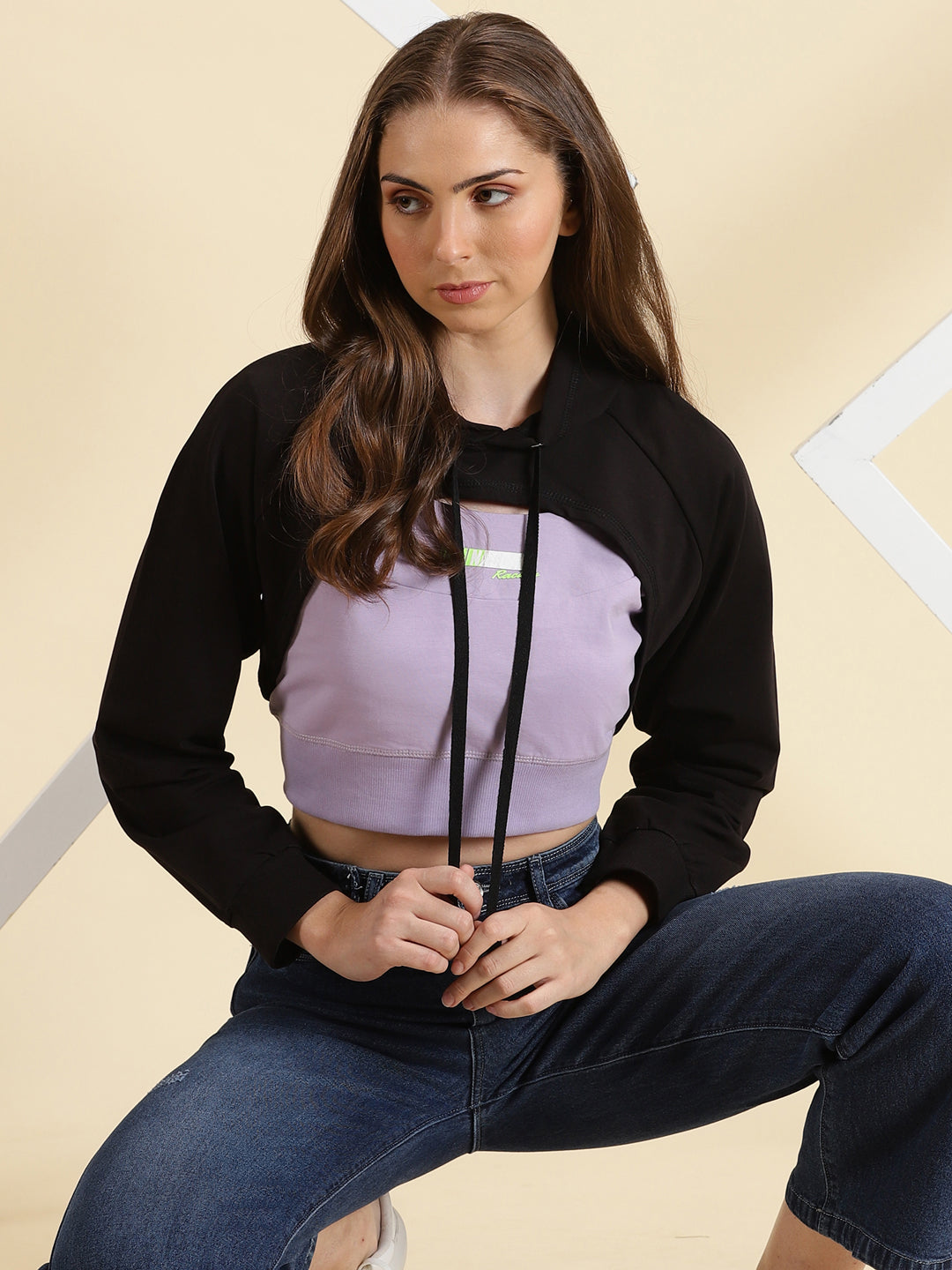 Women Hooded Black Crop Solid Front-Open Sweatshirt