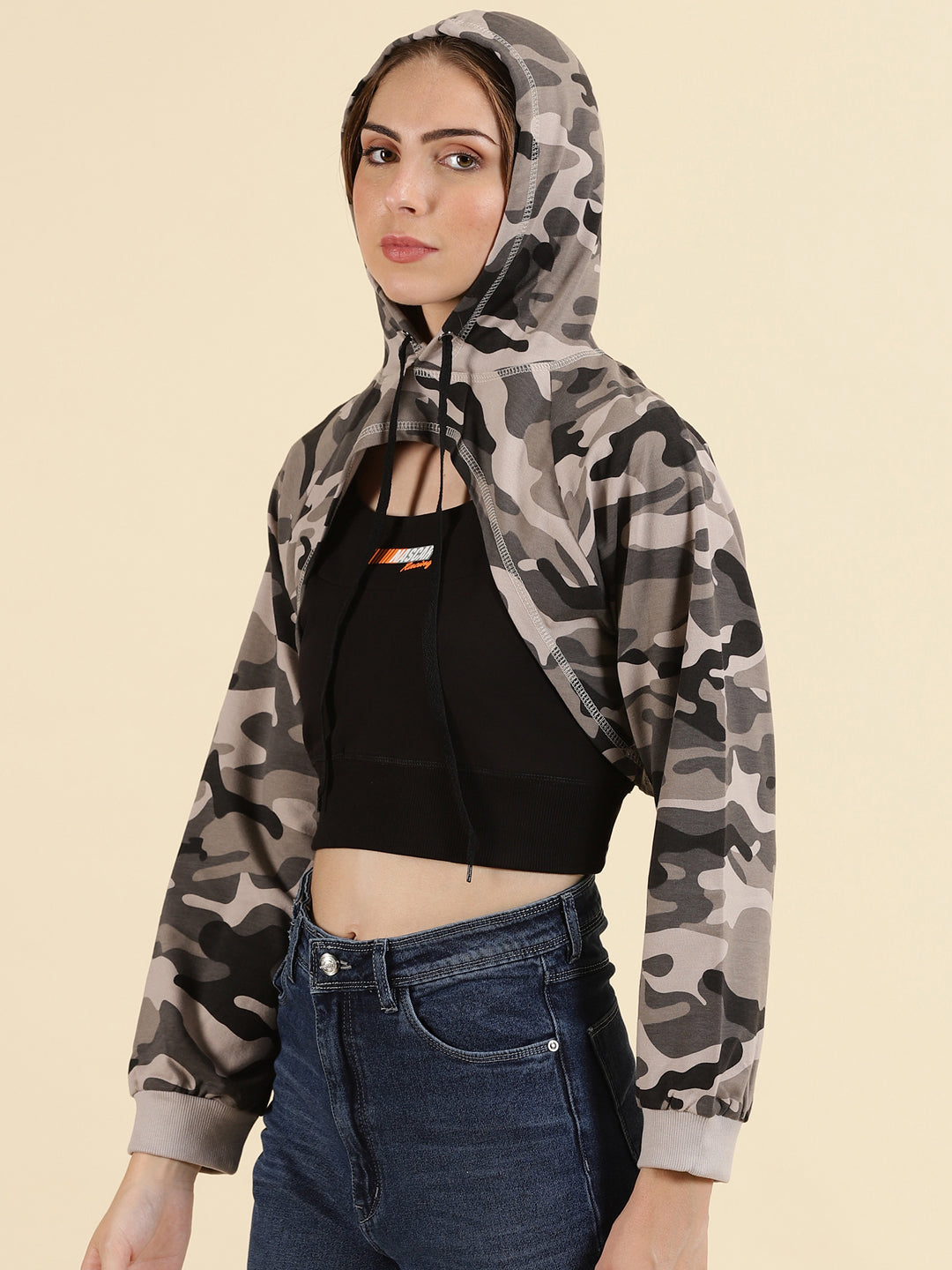 Women Hooded Grey Crop Graphic Front-Open Sweatshirt