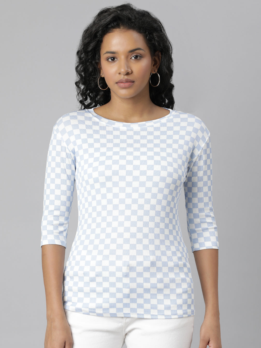 Women Blue Checked T Shirt