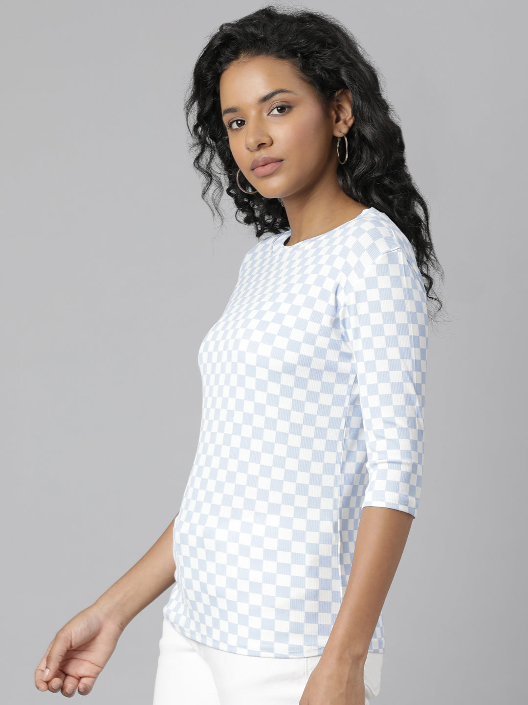 Women Blue Checked T Shirt