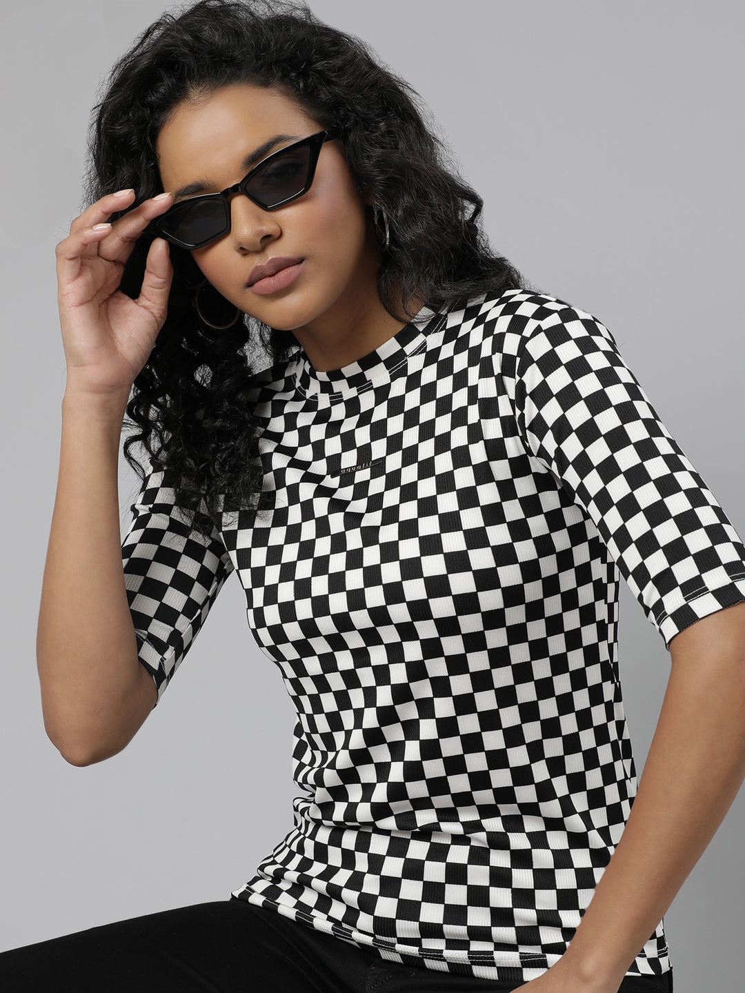 Women Black Checked T Shirt