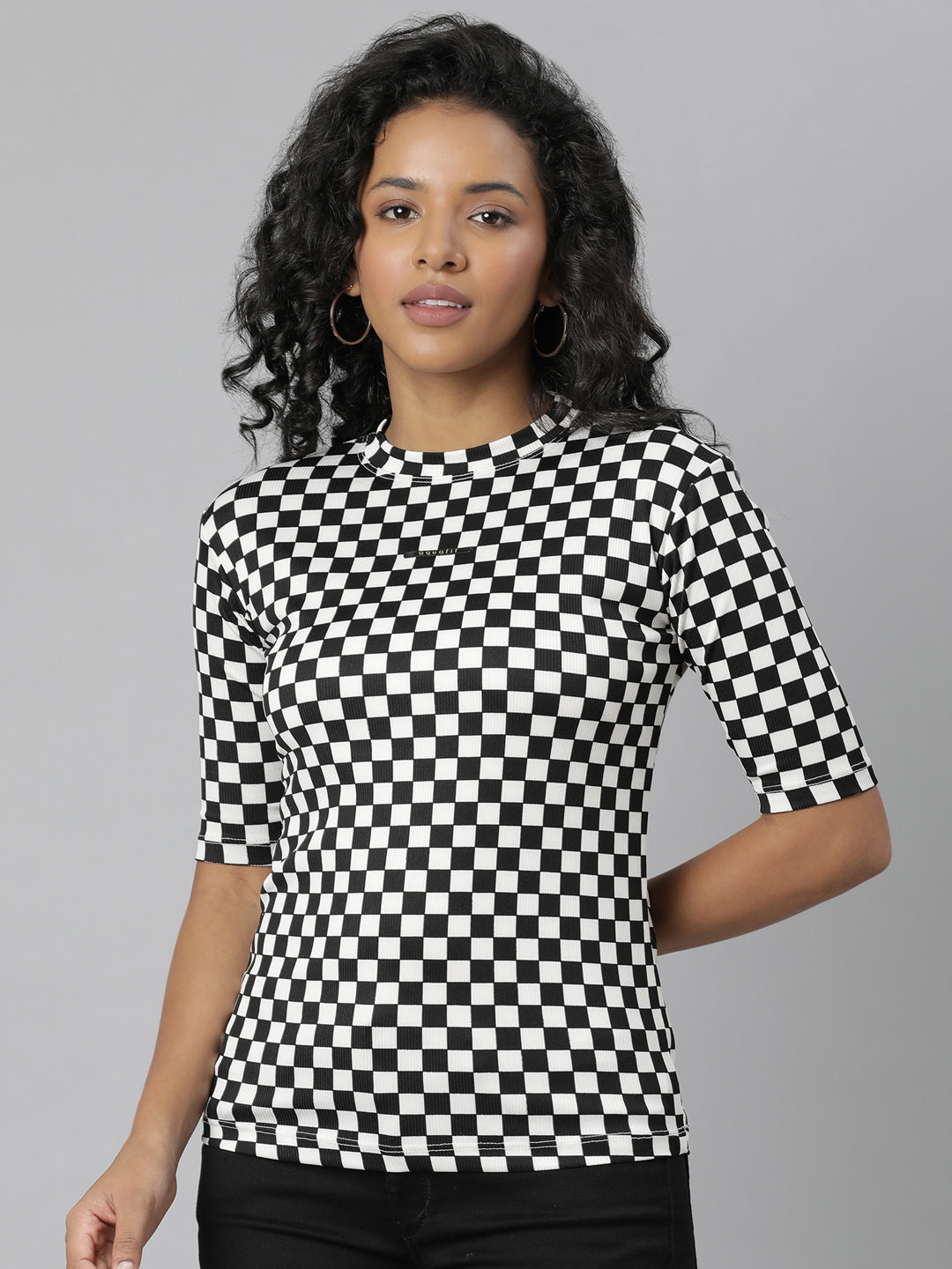 Women Black Checked T Shirt