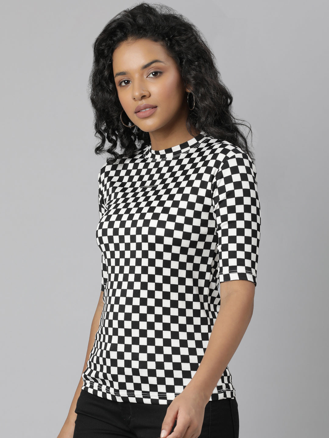 Women Black Checked T Shirt