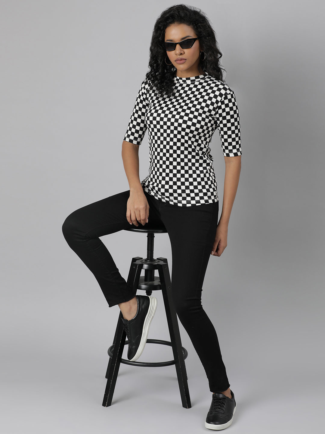 Women Black Checked T Shirt