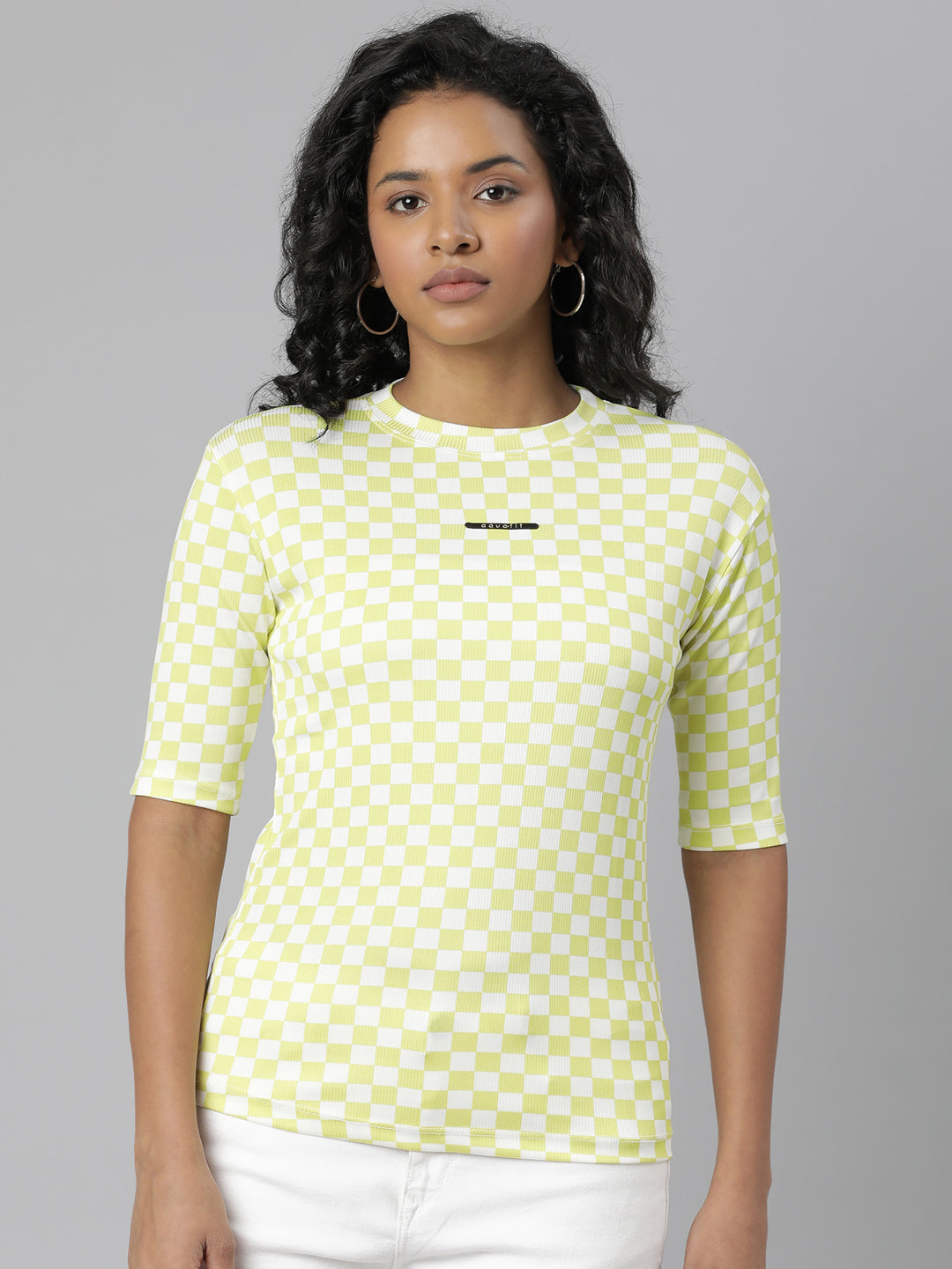 Women Lime Green Checked T Shirt