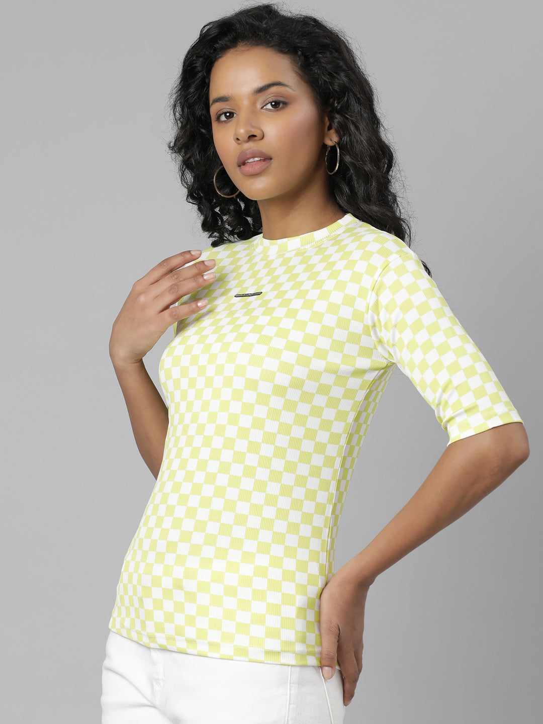 Women Lime Green Checked T Shirt