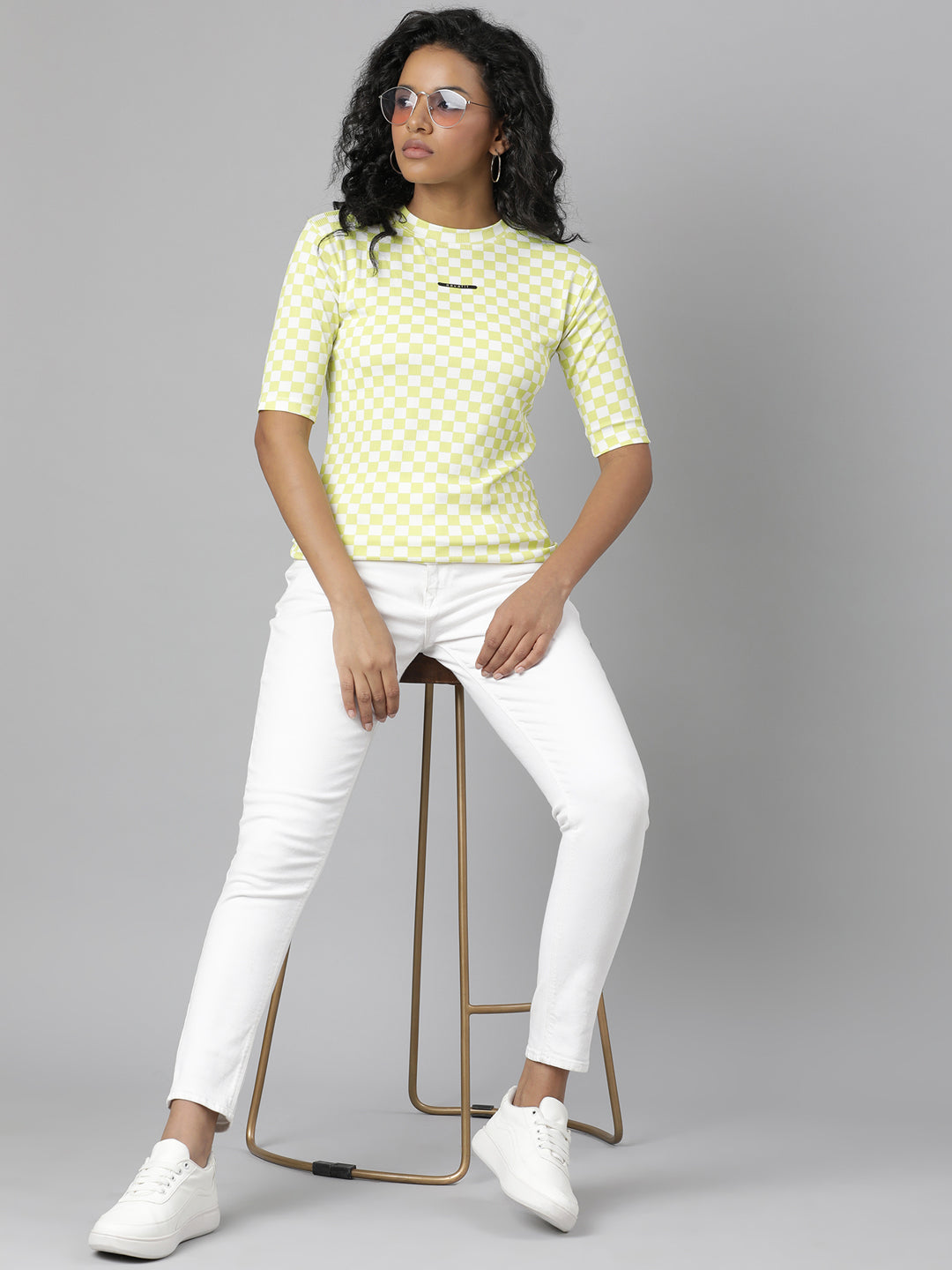 Women Lime Green Checked T Shirt