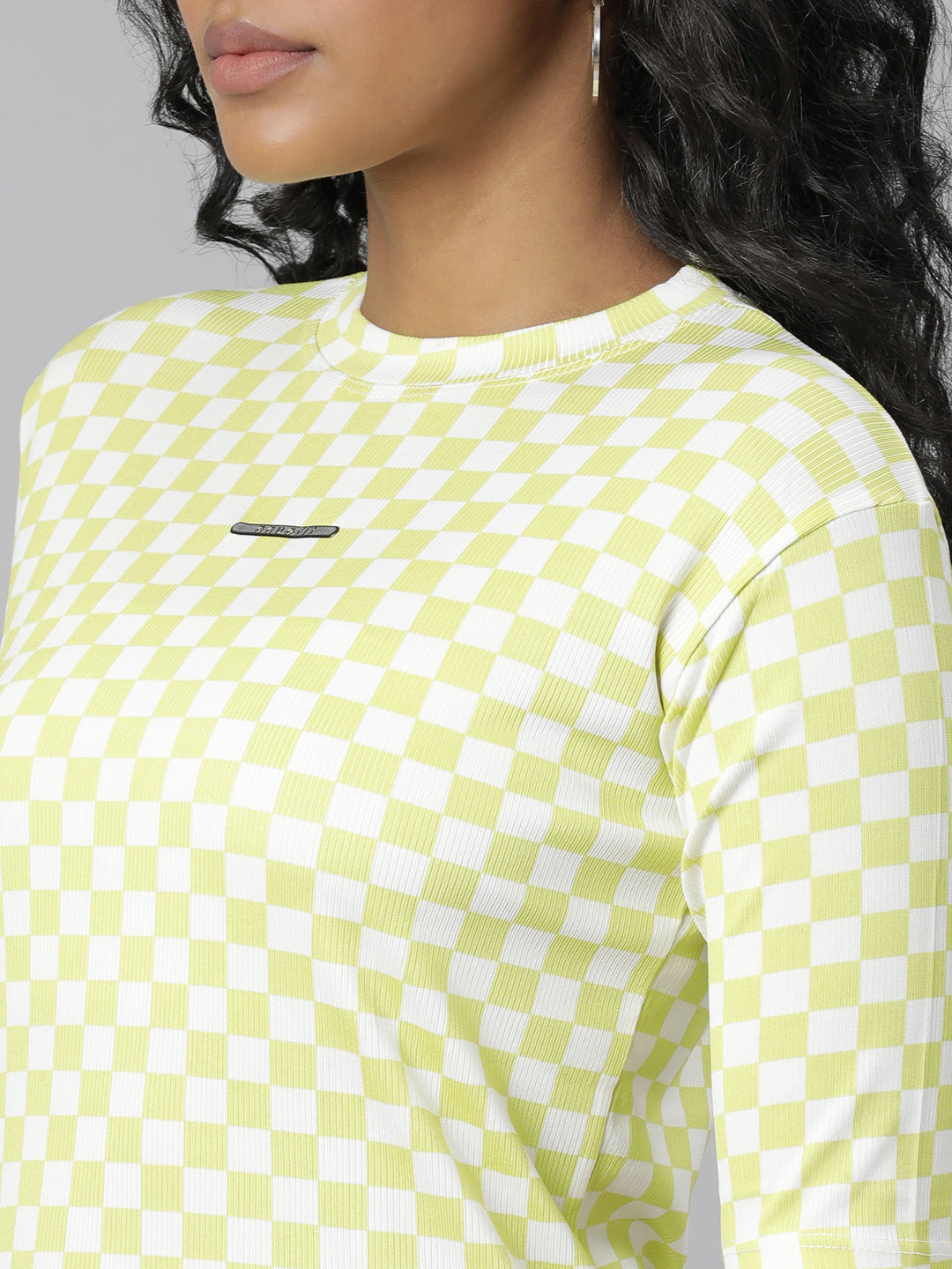 Women Lime Green Checked T Shirt