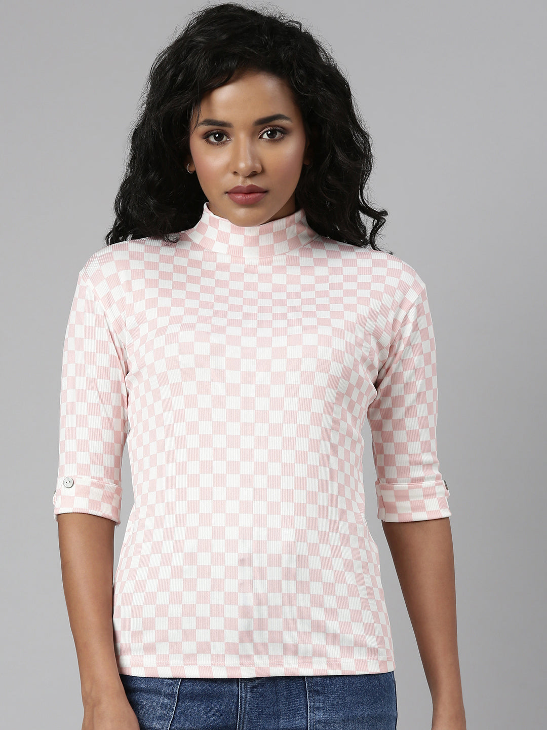 Women Pink Checked Regular Top