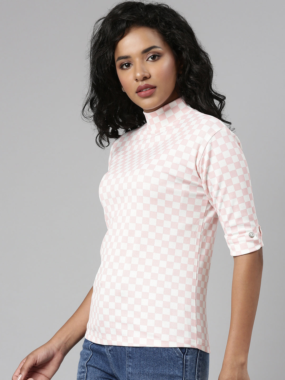 Women Pink Checked Regular Top