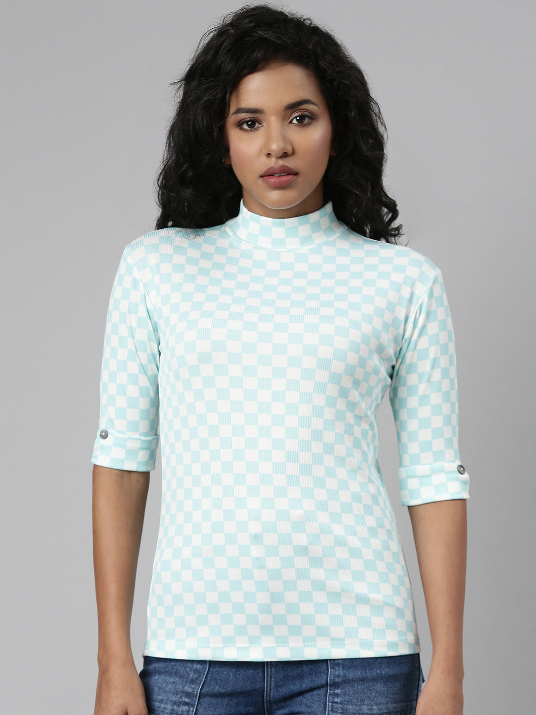 Women Turquoise Blue Checked Regular Top