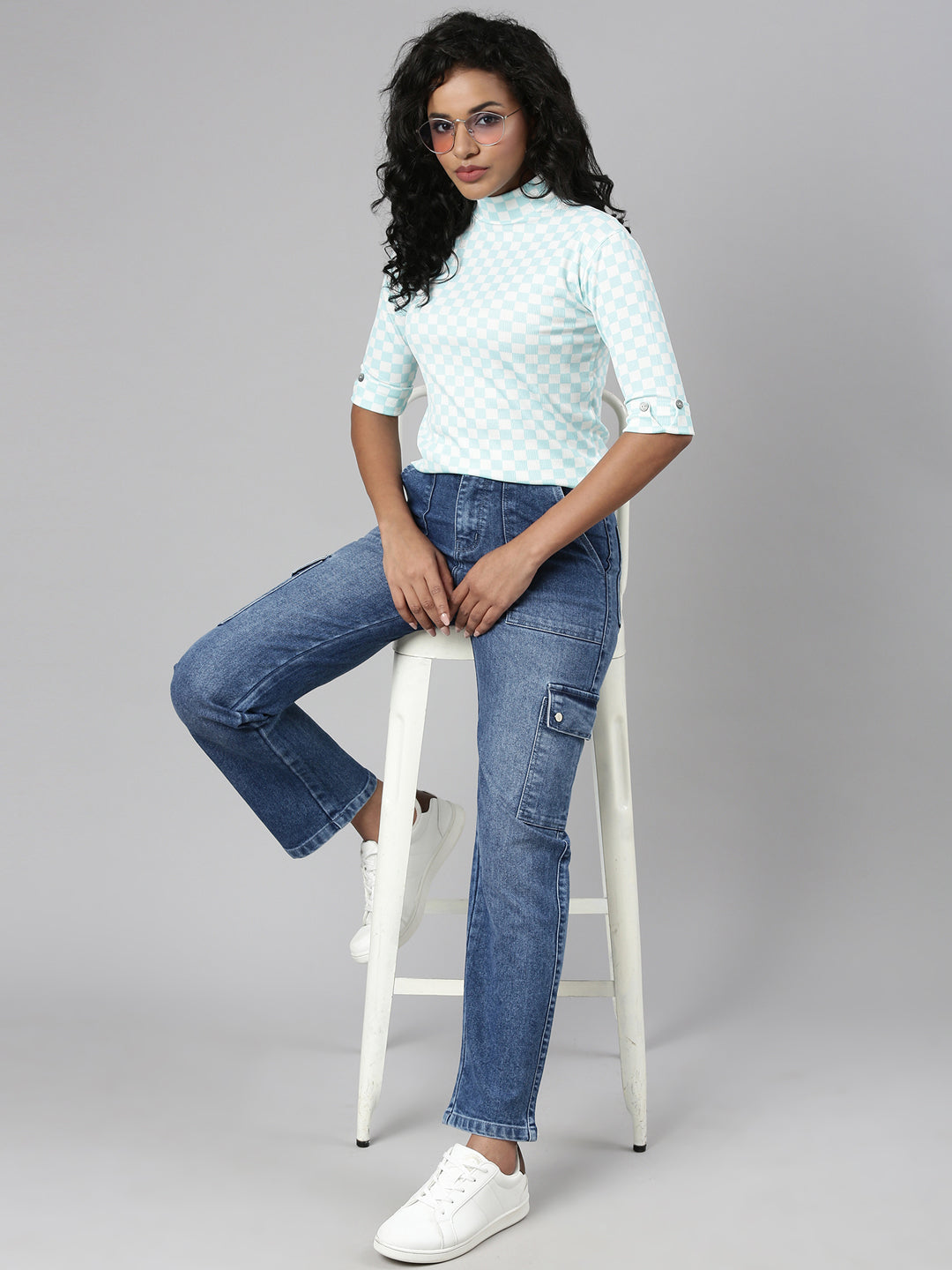 Women Turquoise Blue Checked Regular Top