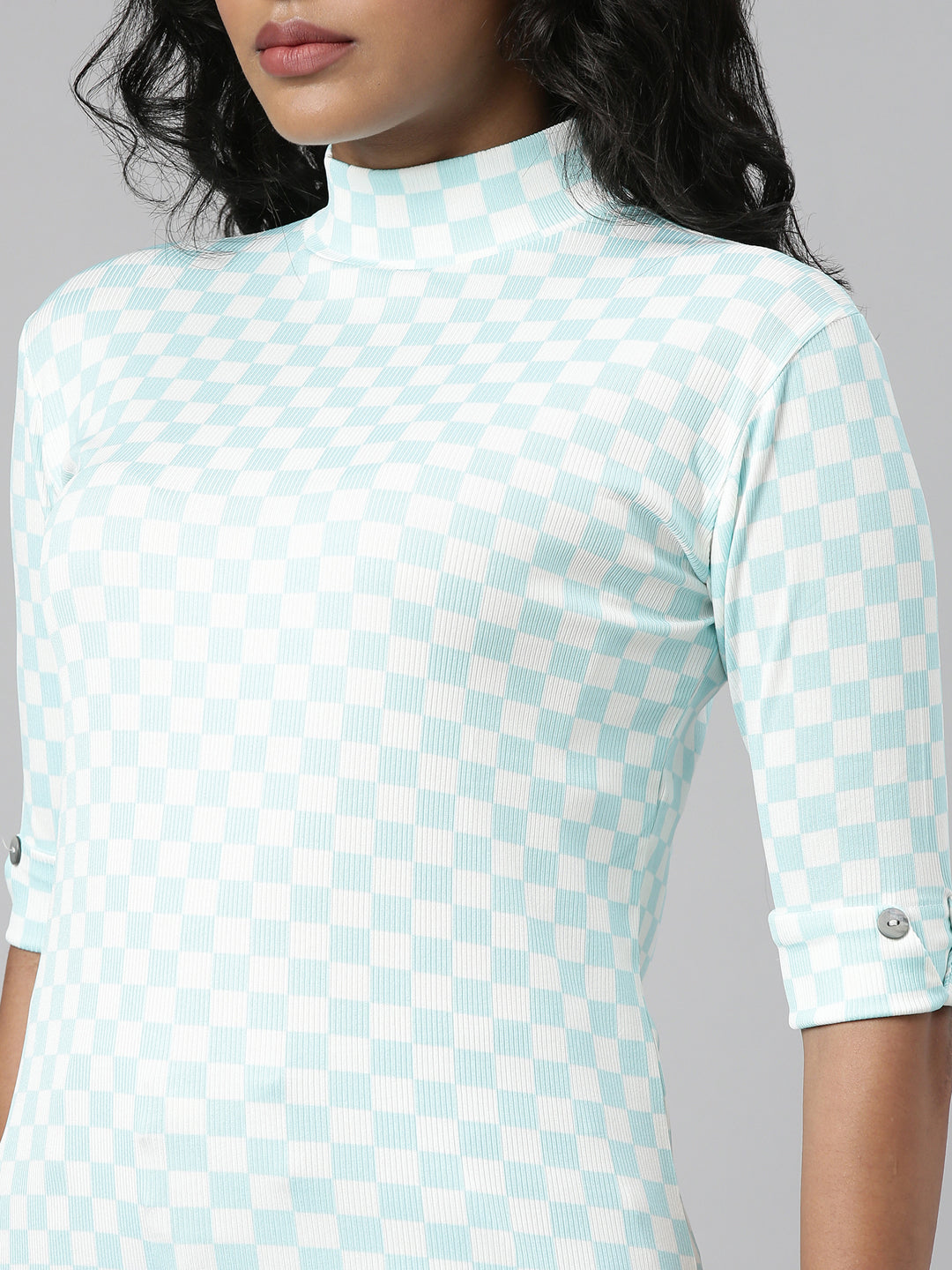 Women Turquoise Blue Checked Regular Top