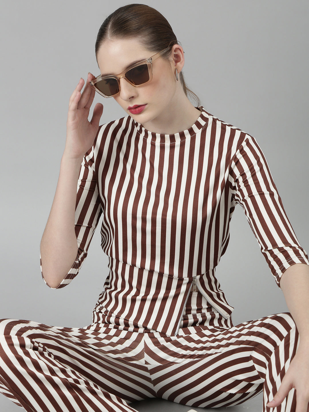 Women Brown Striped Tracksuit