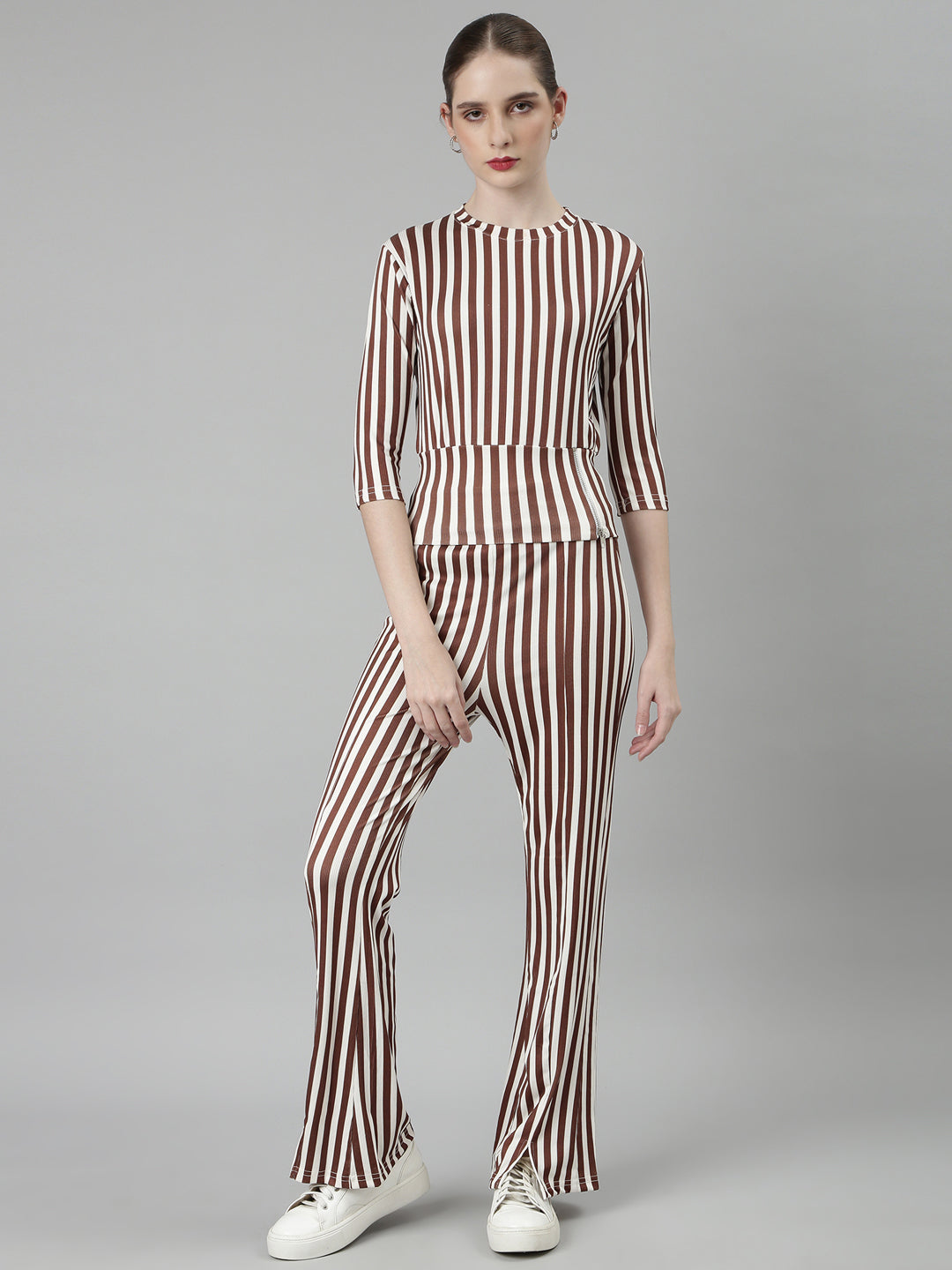 Women Brown Striped Tracksuit