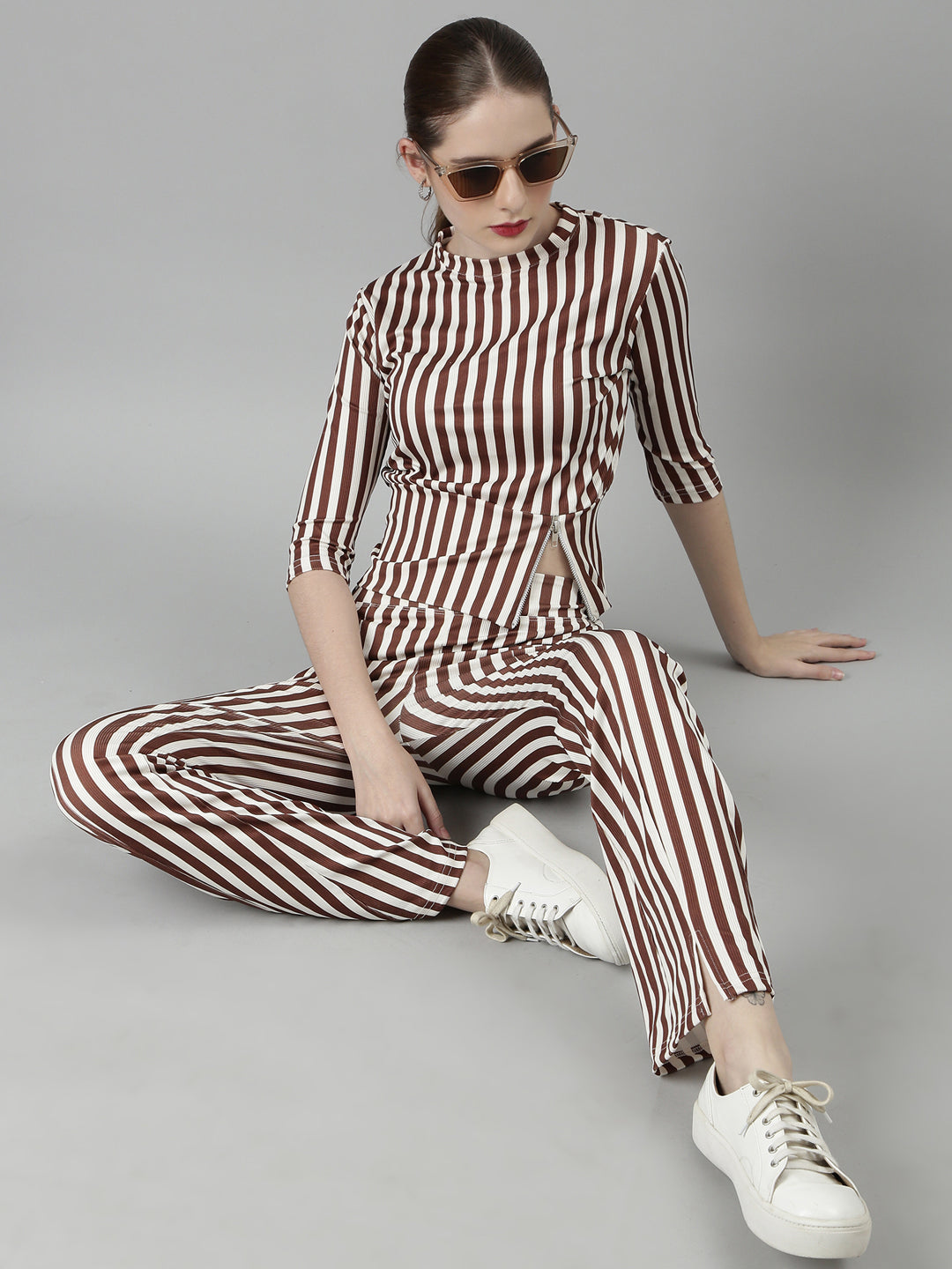 Women Brown Striped Tracksuit